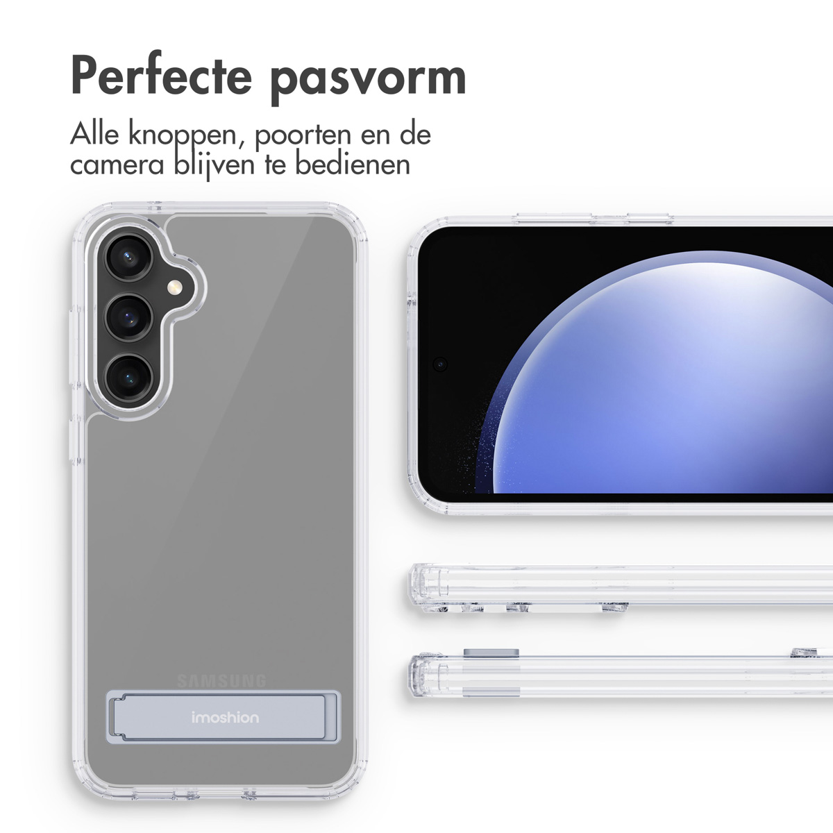 Una custodia trasparente con un telefono all'interno, vista da diverse angolazioni, con supporto.