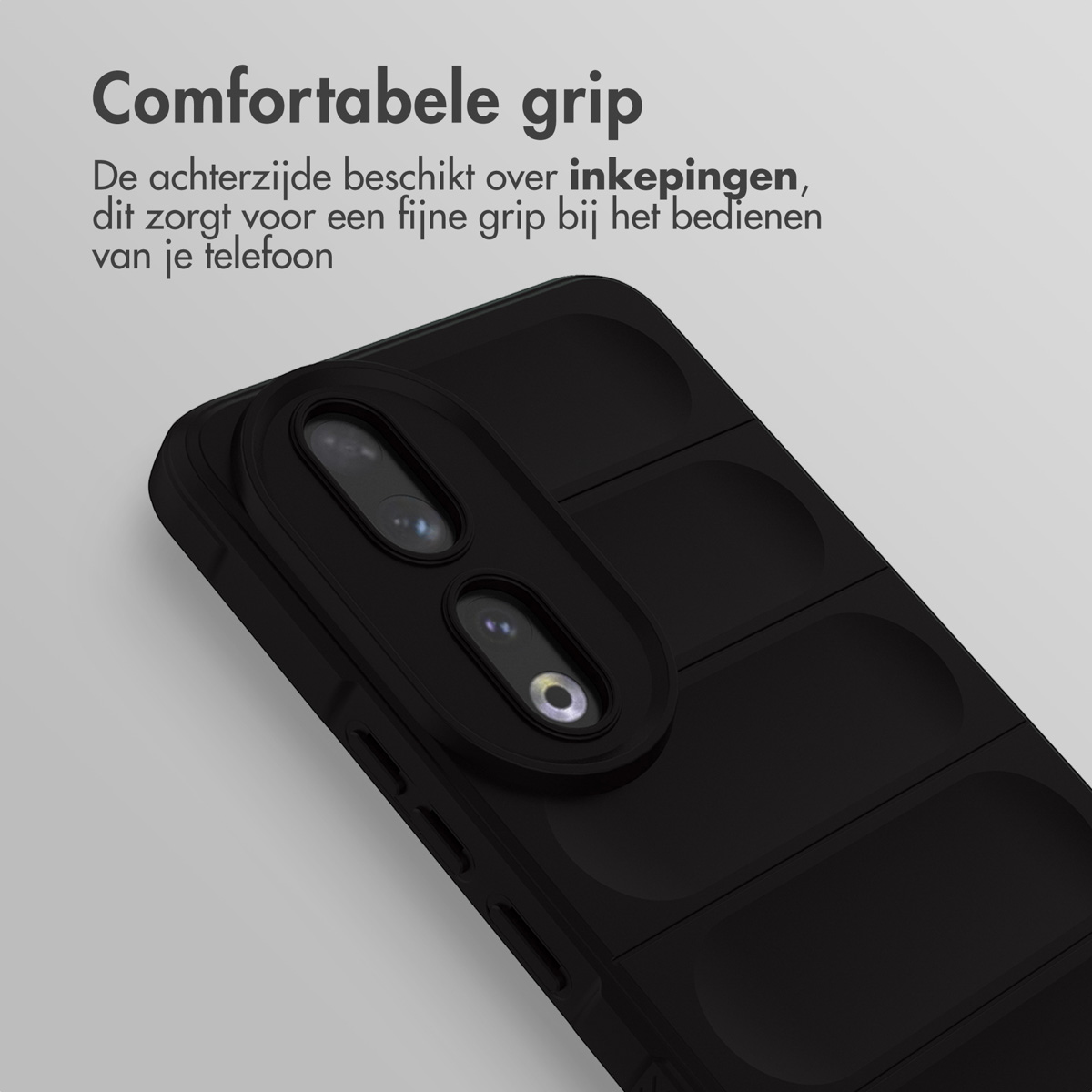 Coque de téléphone noire avec une vue détaillée de la caméra. La coque a des encoches.