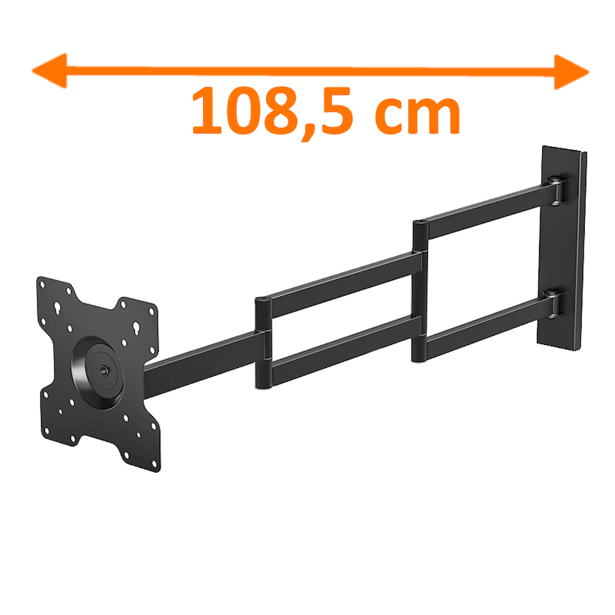 Schwarze TV-Halterung mit einer Messung von 108,5 cm. Die Halterung befindet sich auf weißem Hintergrund mit Pfeil.
