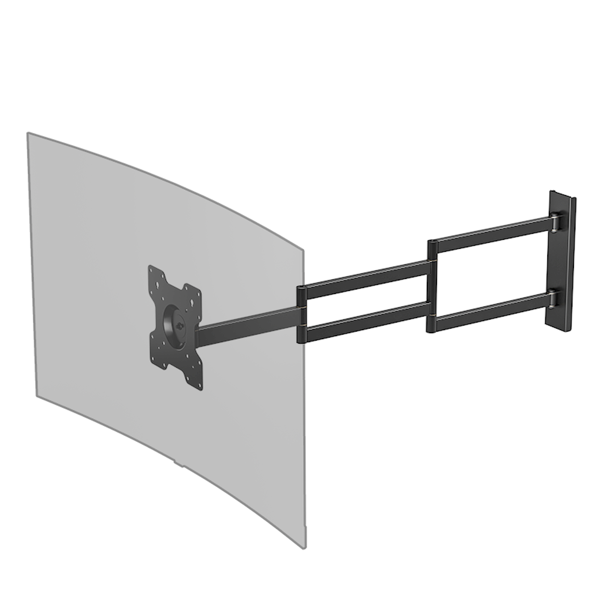Eine schwarze TV-Halterung mit einem gekrümmten Bildschirm-TV.