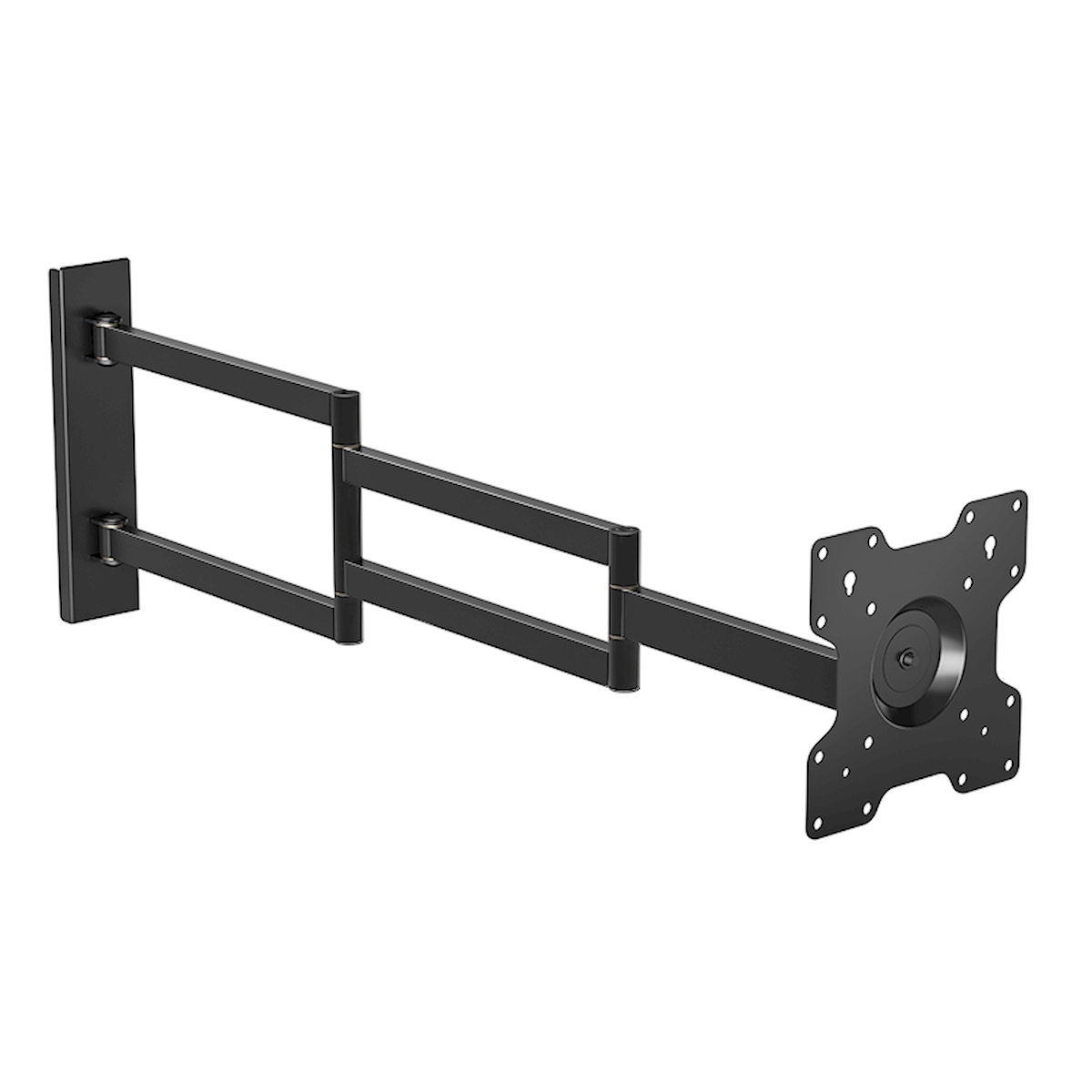 Schwarze, bewegliche TV-Halterung, an der Wand montiert. Sie ist voll ausgezogen.