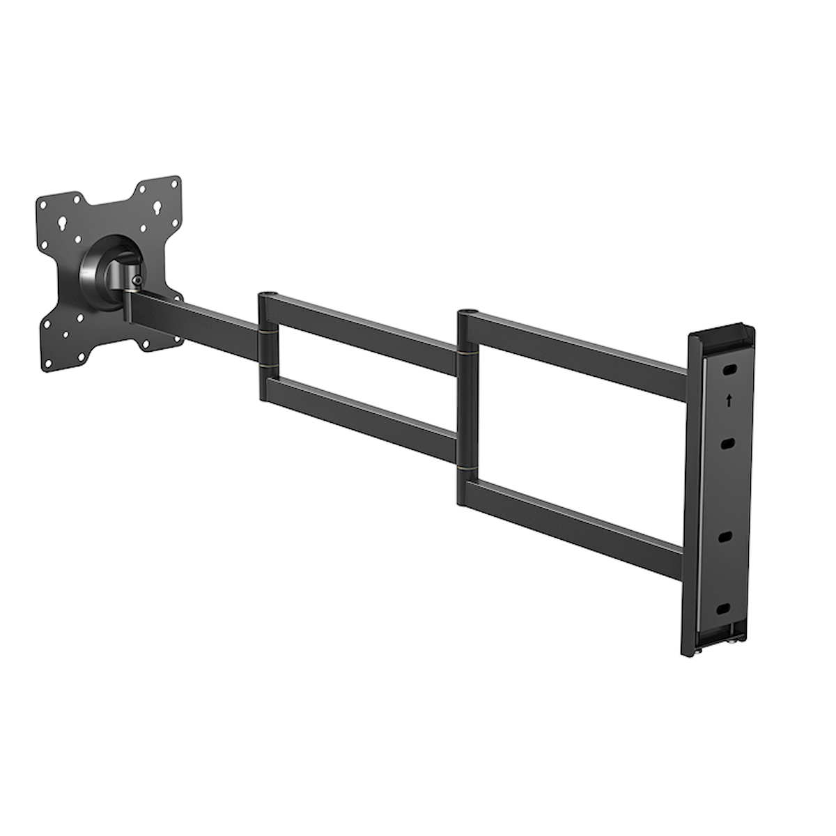 Schwarze TV-Wandhalterung. Verstellbare Arme und eine Montageplatte.