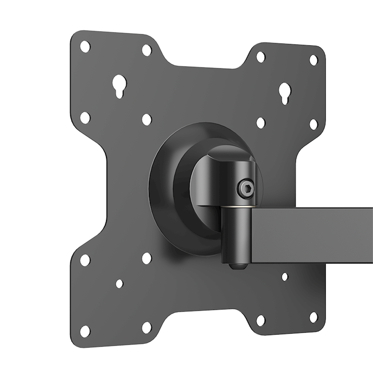 Eine schwarze TV-Halterung aus Metall mit mehreren Befestigungslöchern und einem schwenkbaren Arm.
