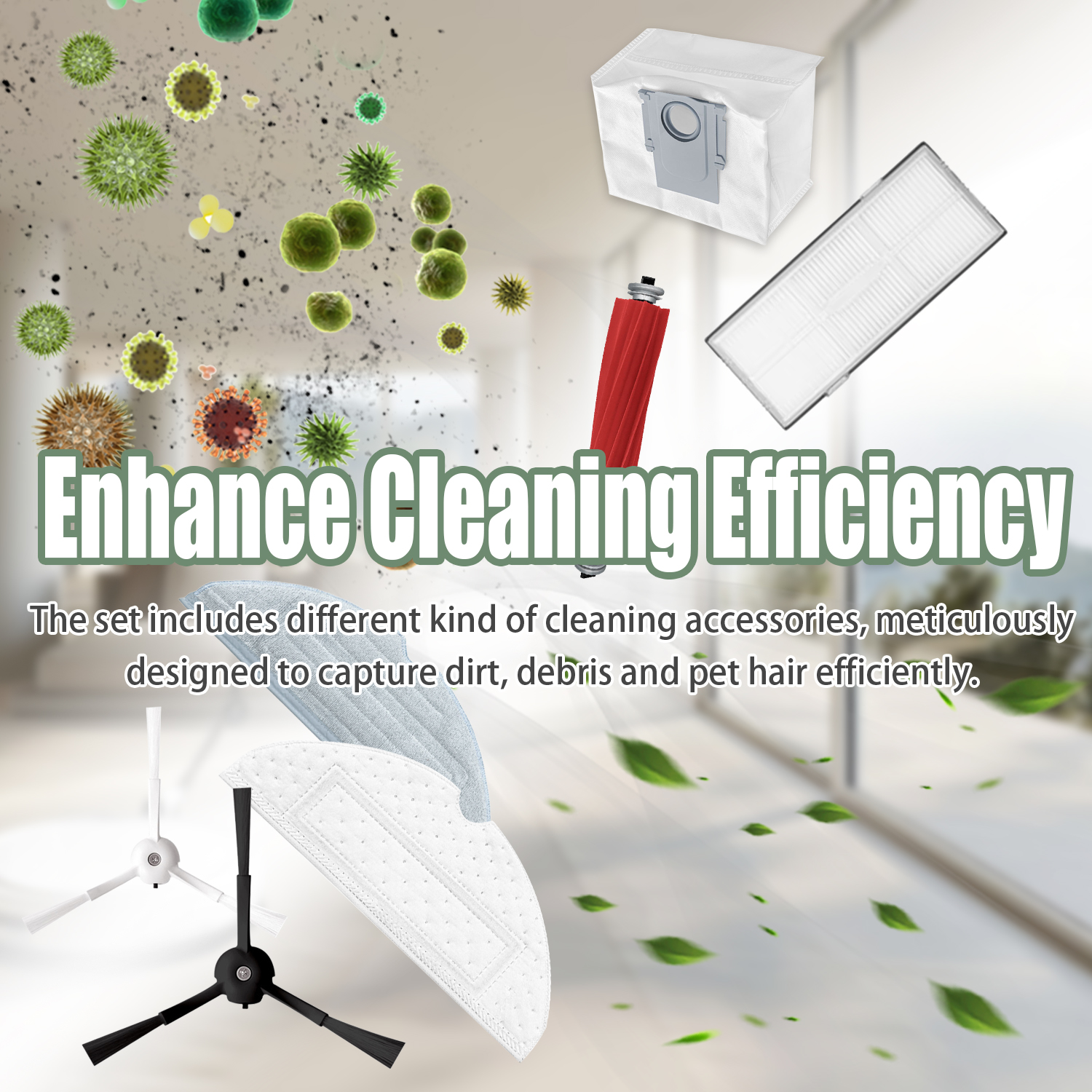 Obraz z tekstem 'Zwiększ wydajność czyszczenia'. Pokazuje akcesoria do czyszczenia, takie jak filtry i szczotki.