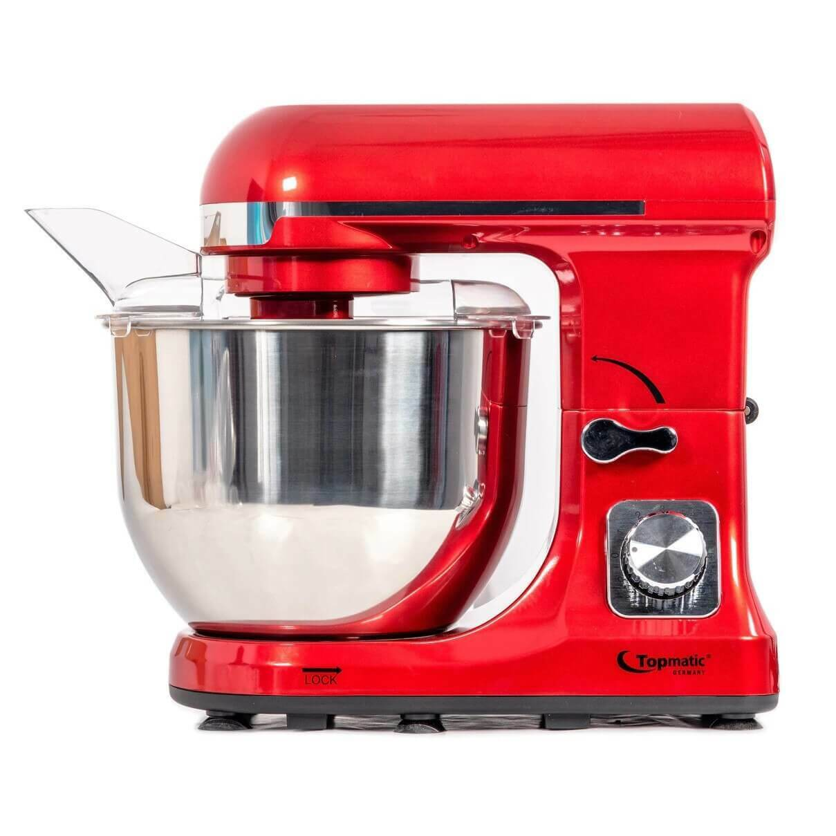 Ein roter Standmixer. Er hat eine Edelstahlschüssel und einen Spritzschutz.