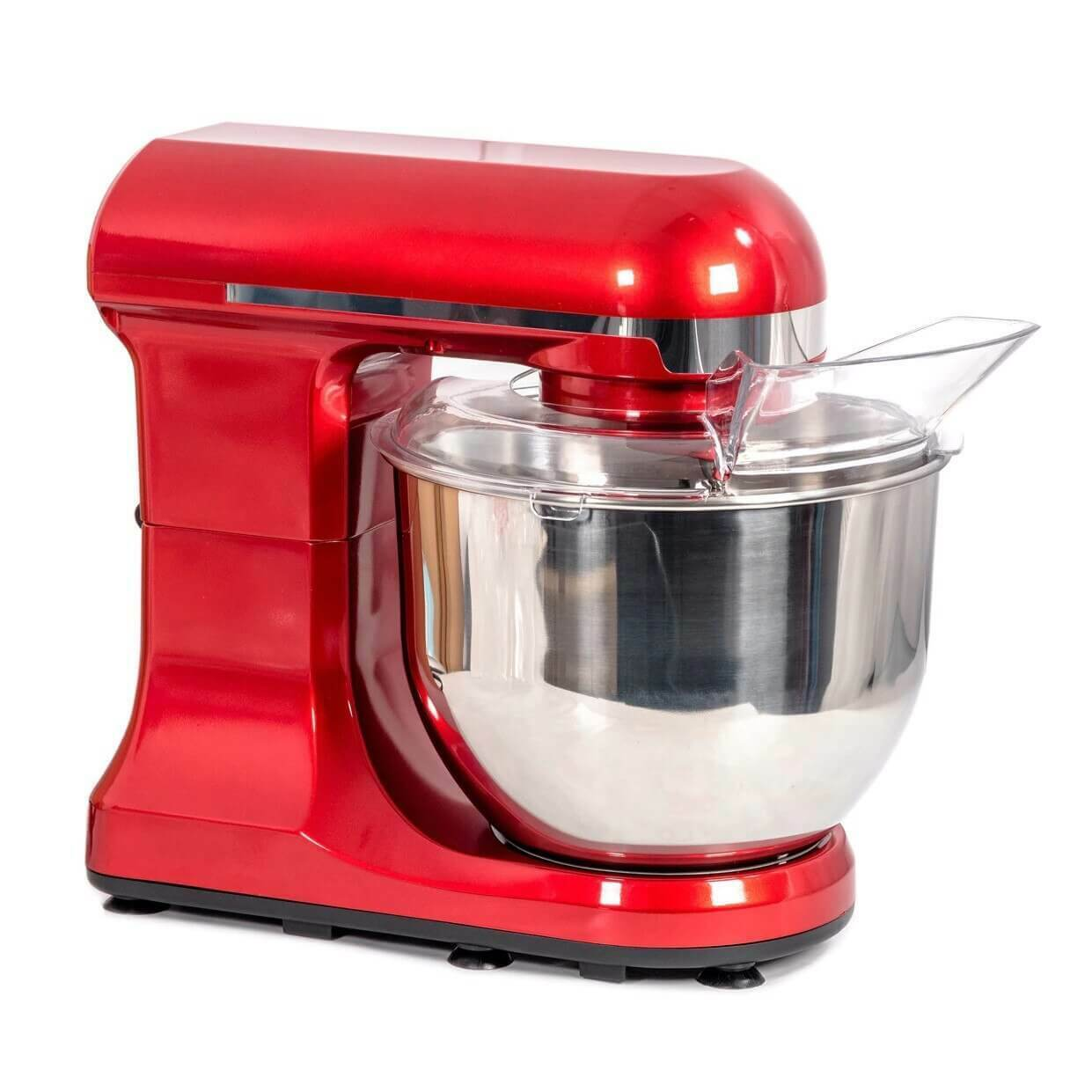 Roter Küchenmixer mit Edelstahl-Schüssel und transparentem Kunststoffschild. Weißer Hintergrund.