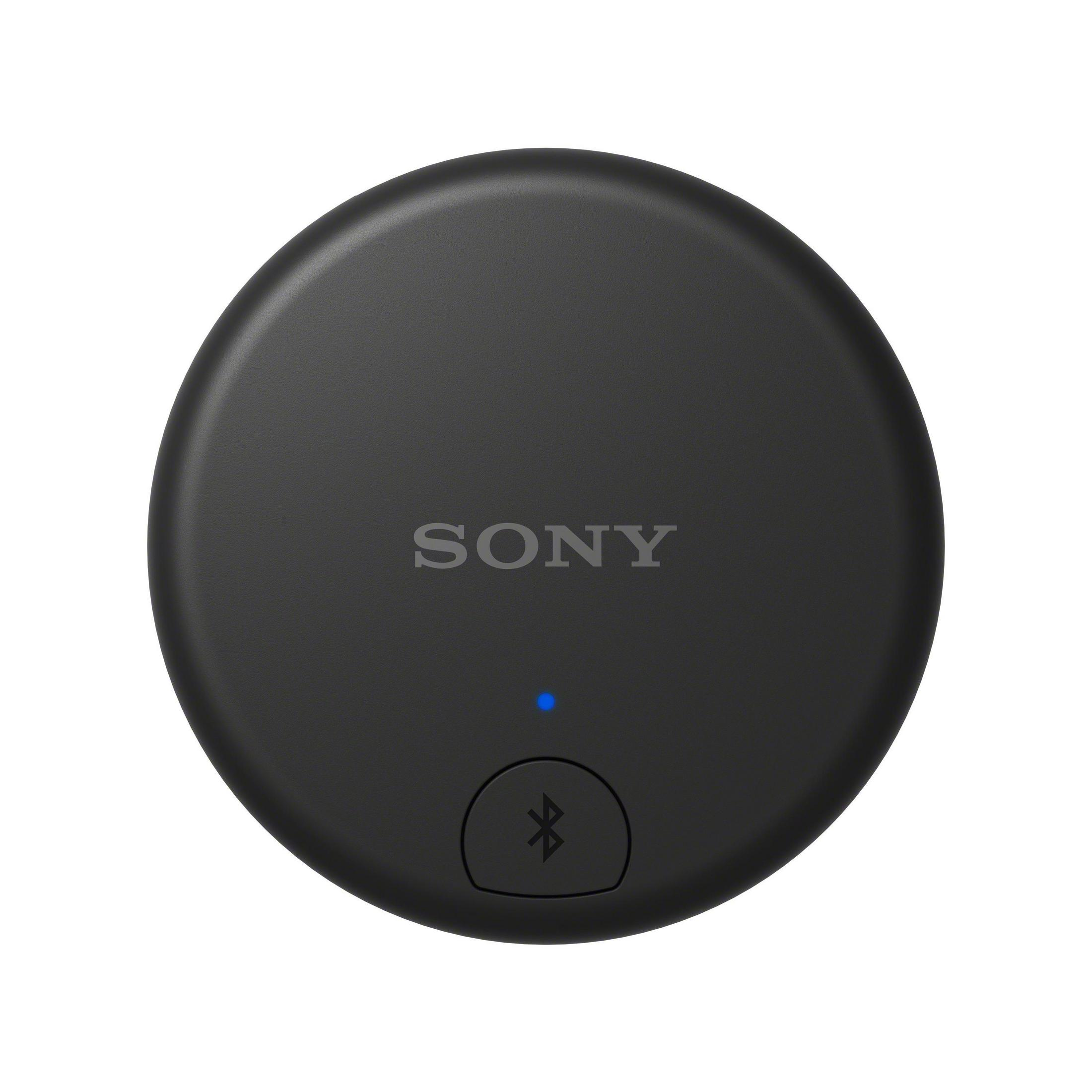 Dispositivo Sony negro y redondo con logotipo, botón Bluetooth y luz azul.