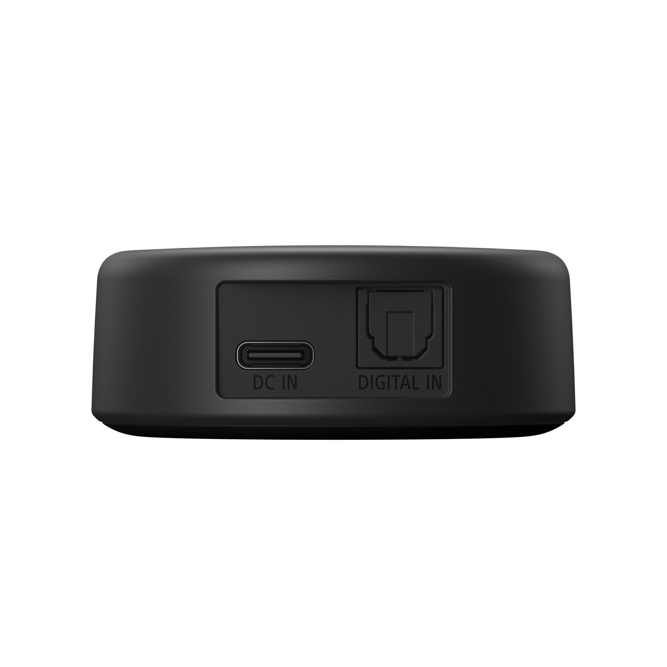 Vista trasera de un dispositivo negro con puertos DC IN y DIGITAL IN, y un puerto USB-C.
