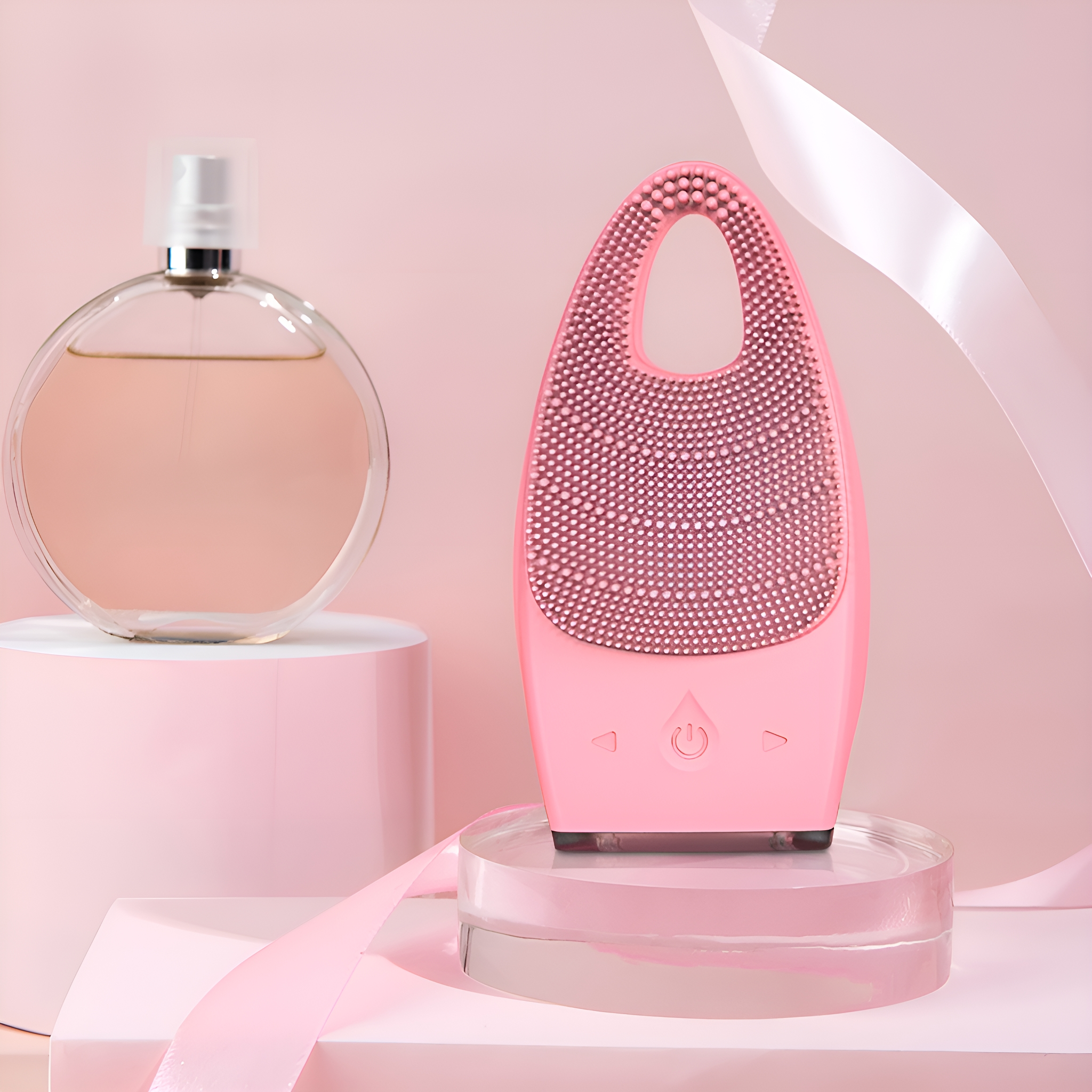 Rosa Gesichtsreinigungsgerät auf einem Glasständer. Eine Parfümflasche im Hintergrund. Rosa Band.