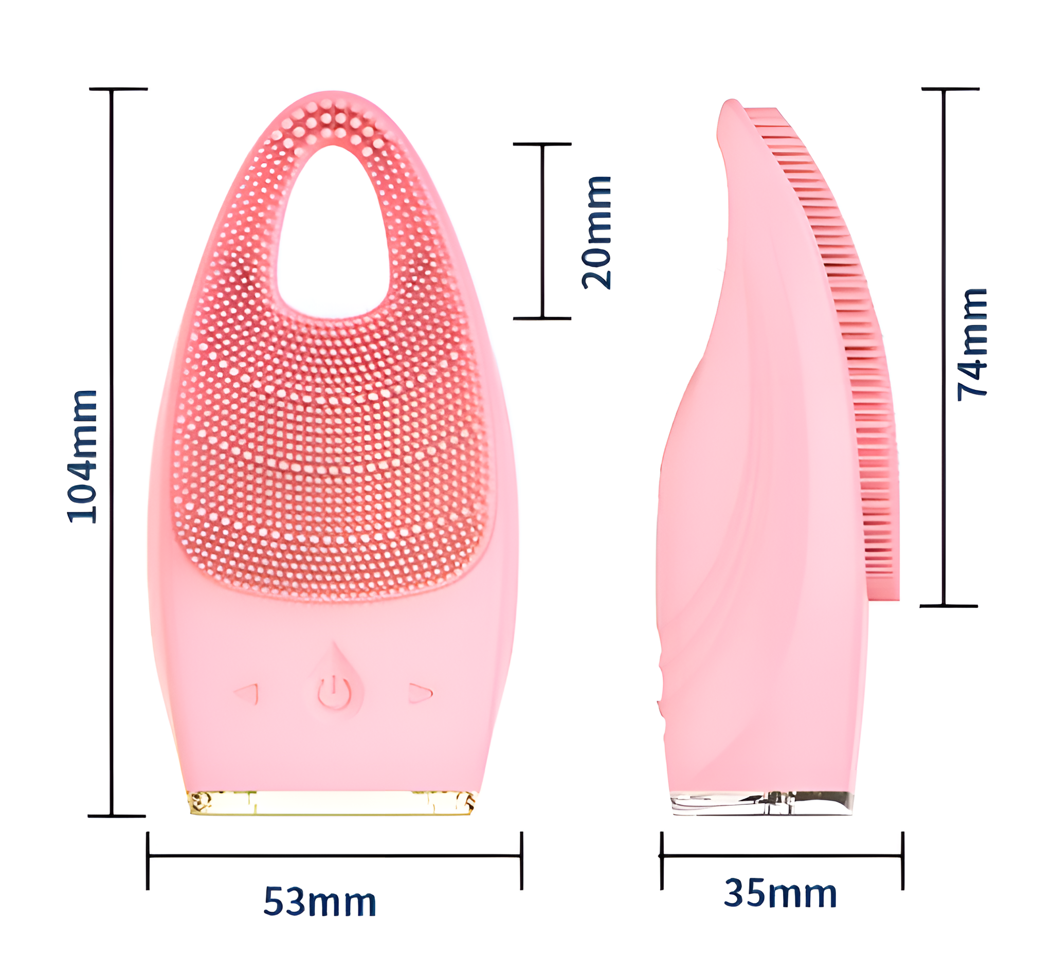 Rosa Gesichtsreinigungsgerät mit Abmessungen: 104x53x35mm, und 20mm dicker Bürstenkopf.