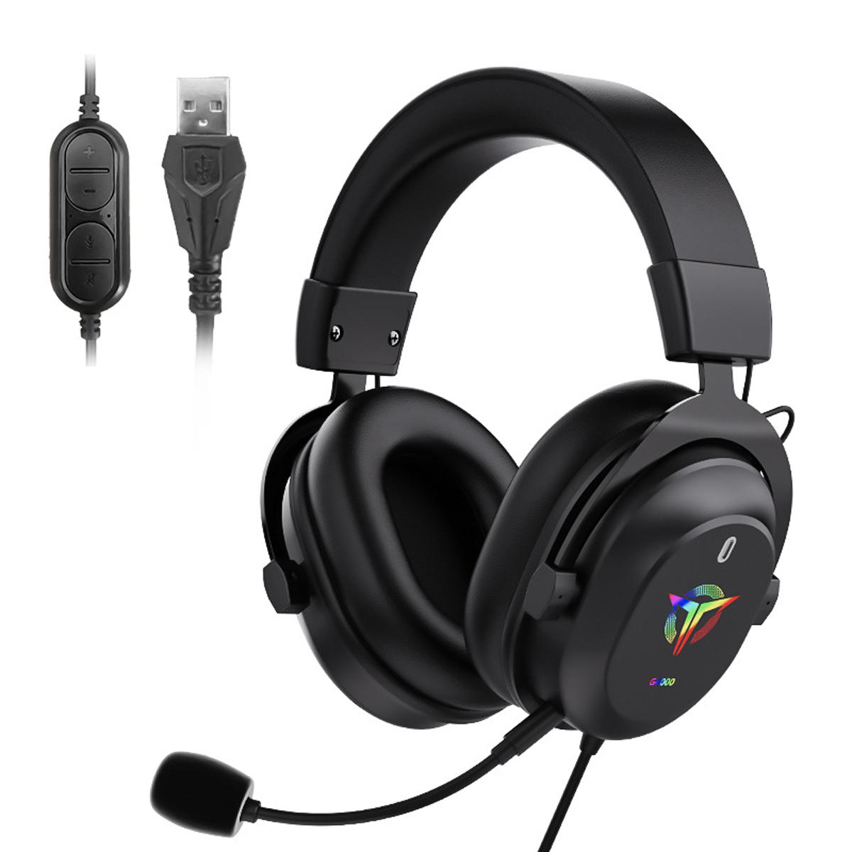 Cuffie da gioco nere con microfono e cavo USB. Ha padiglioni auricolari e una fascia.