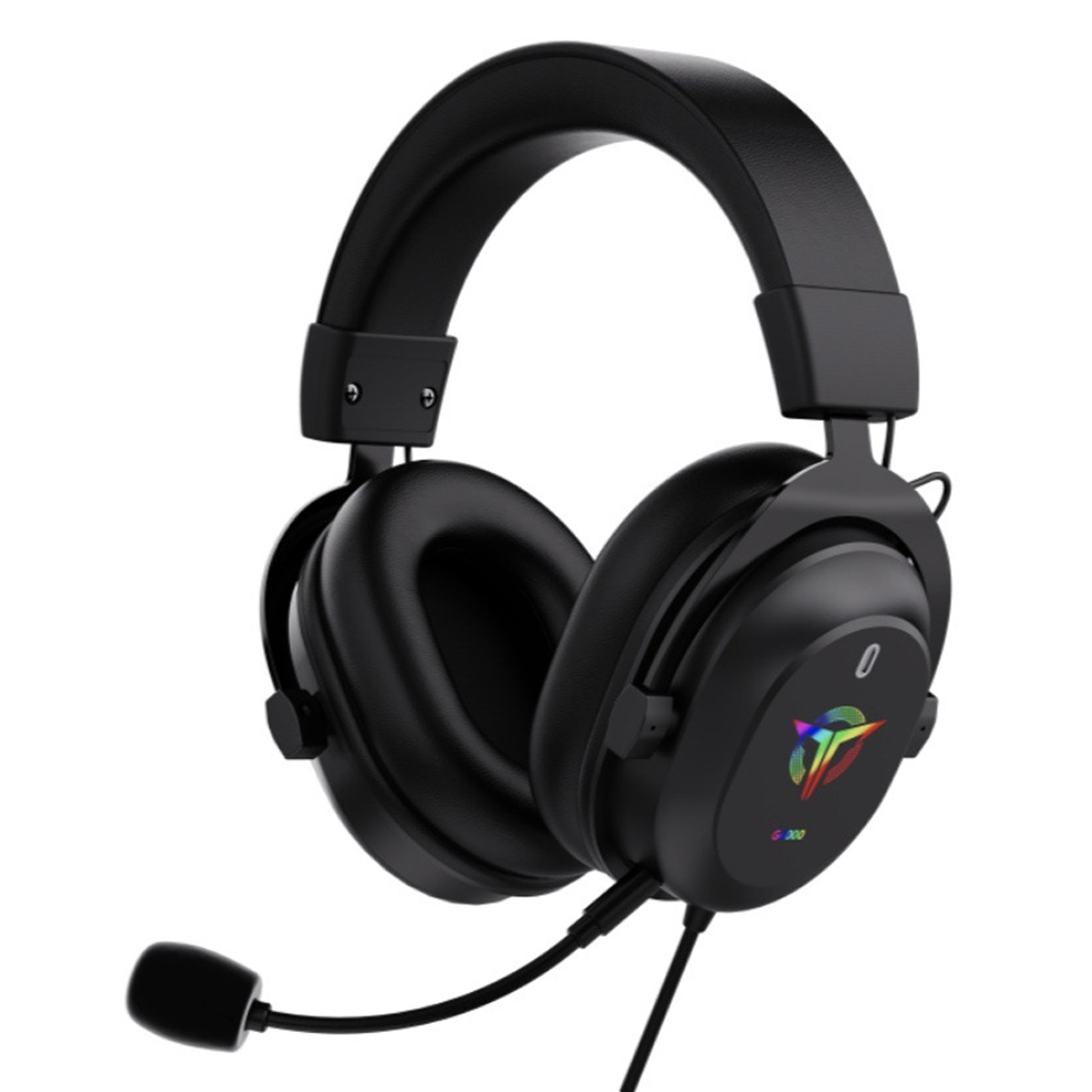 Cuffie da gioco nere con microfono. Le cuffie hanno padiglioni e una fascia.