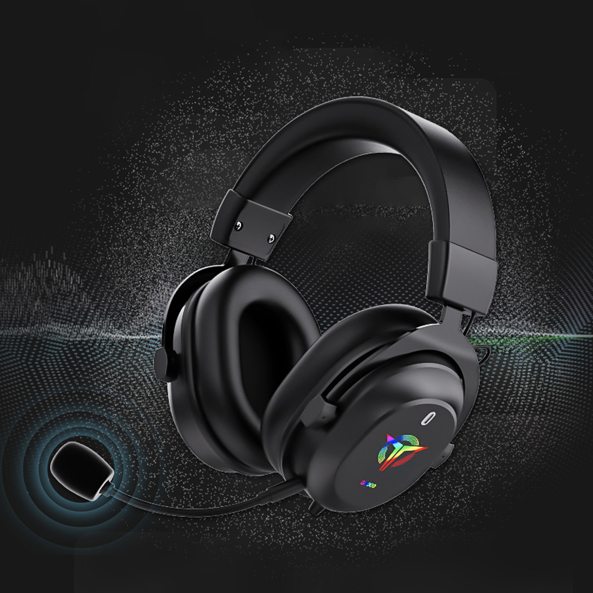 Cuffie da gaming nere con microfono, logo arcobaleno, su sfondo scuro.