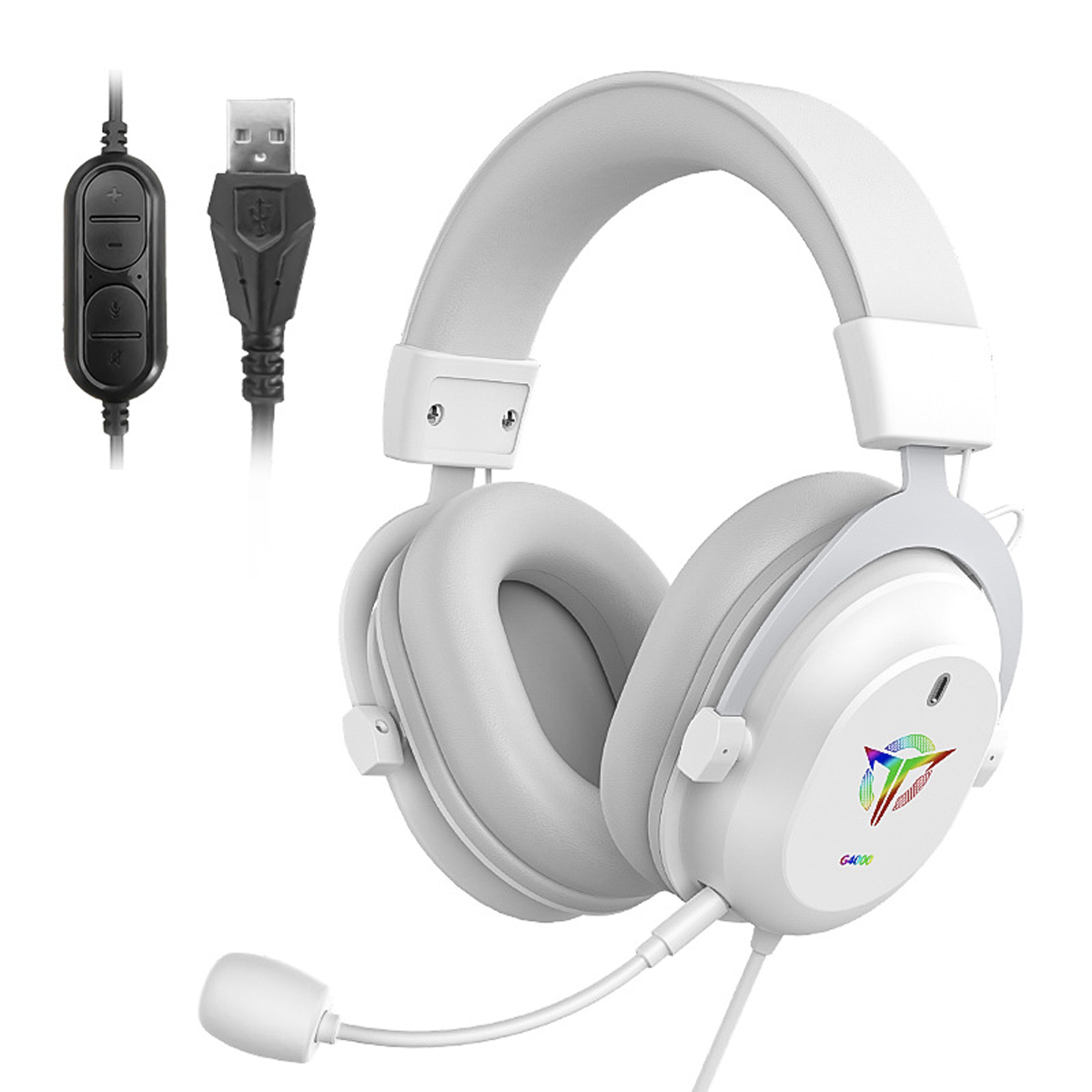 Cuffie da gioco bianche e grigie con microfono e cavo USB.