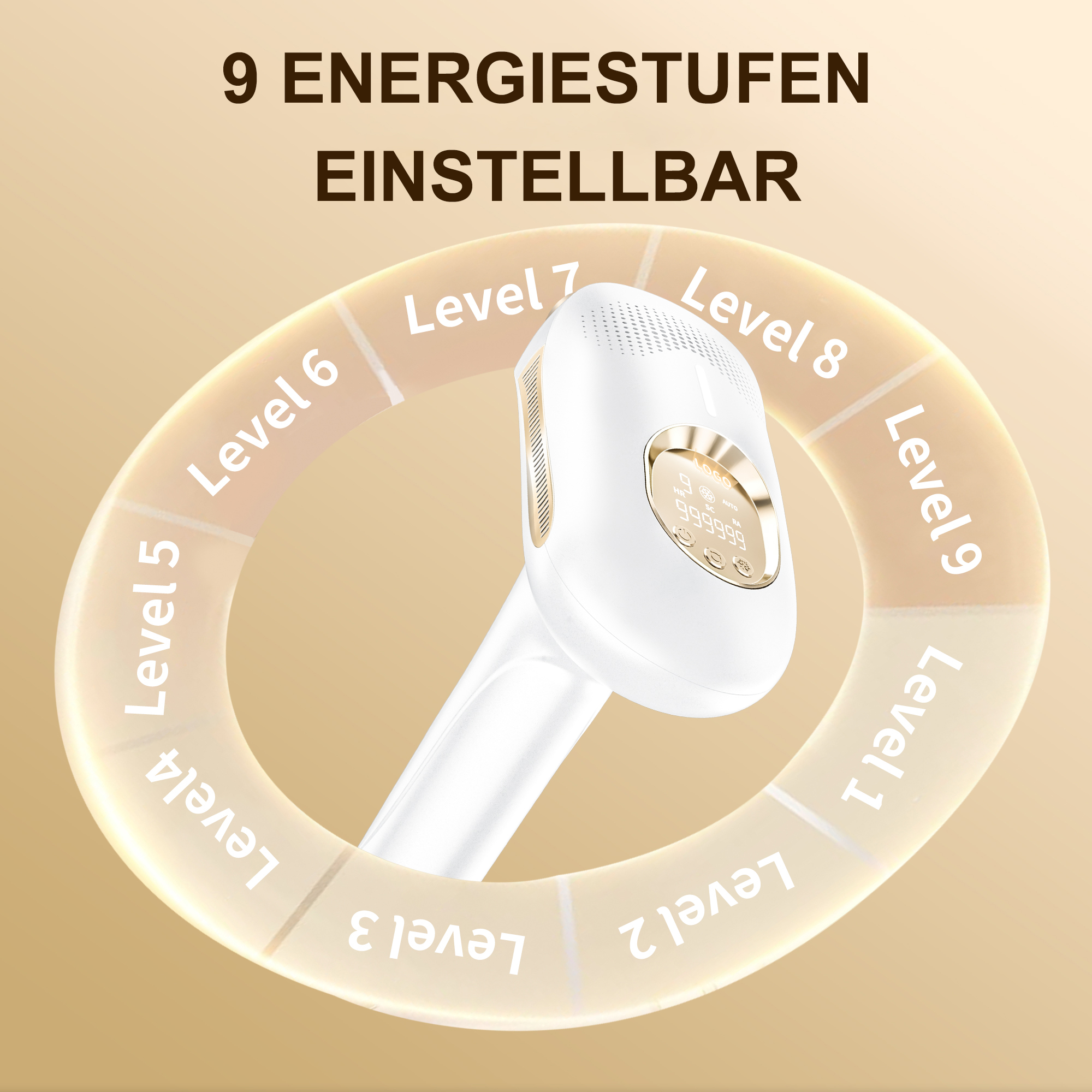 Weißes Laser-Haarentfernungsgerät. Text zeigt 9 Energieniveaus an. Beiger Hintergrund.