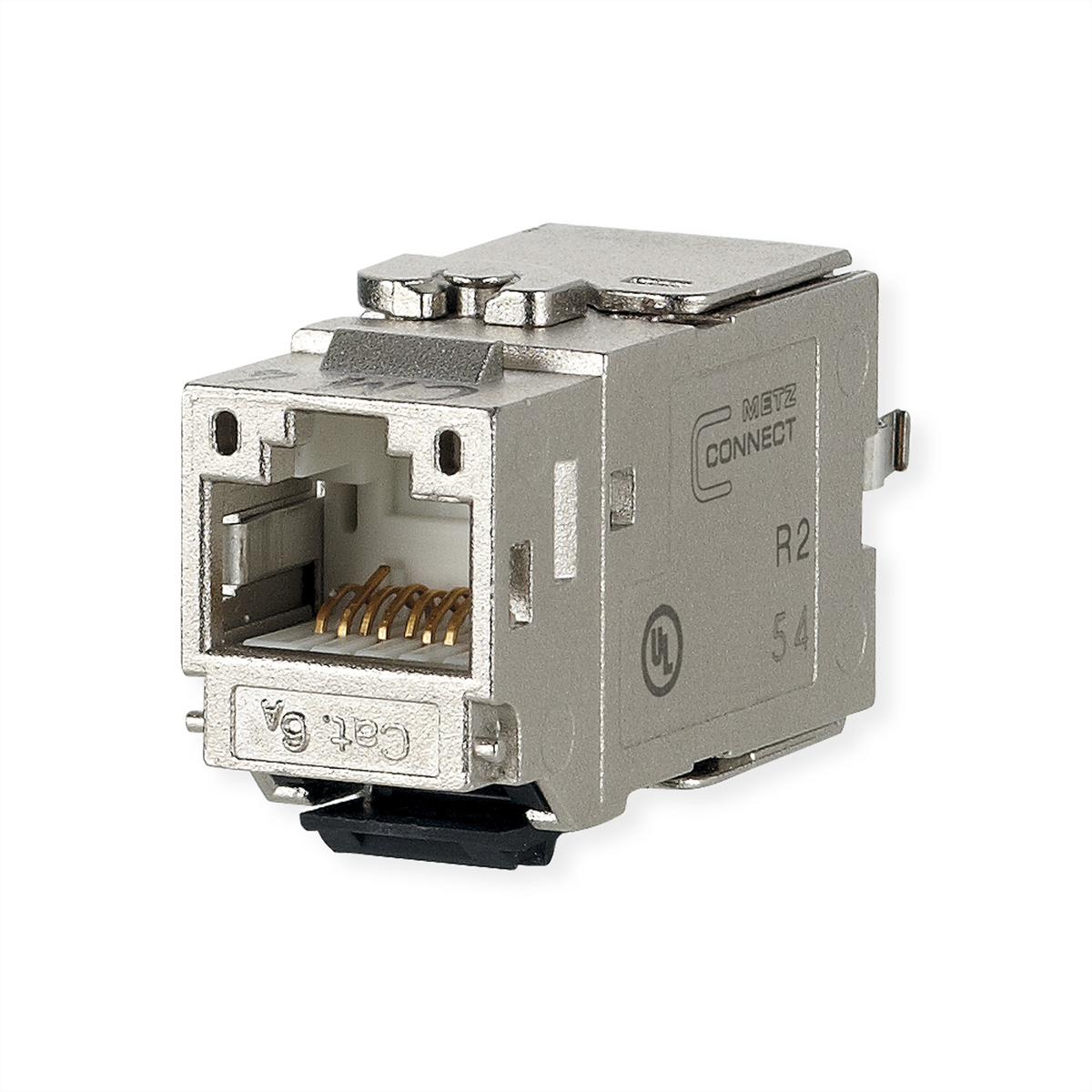 Un connettore RJ45 argentato metallico, isolato su sfondo bianco.
