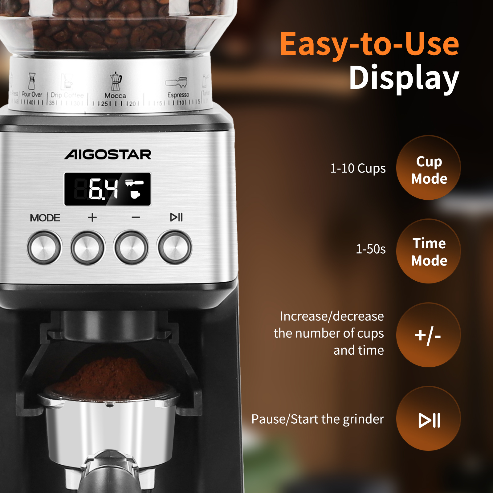Una cafetera con pantalla digital y botones. El texto dice 'Pantalla fácil de usar'.