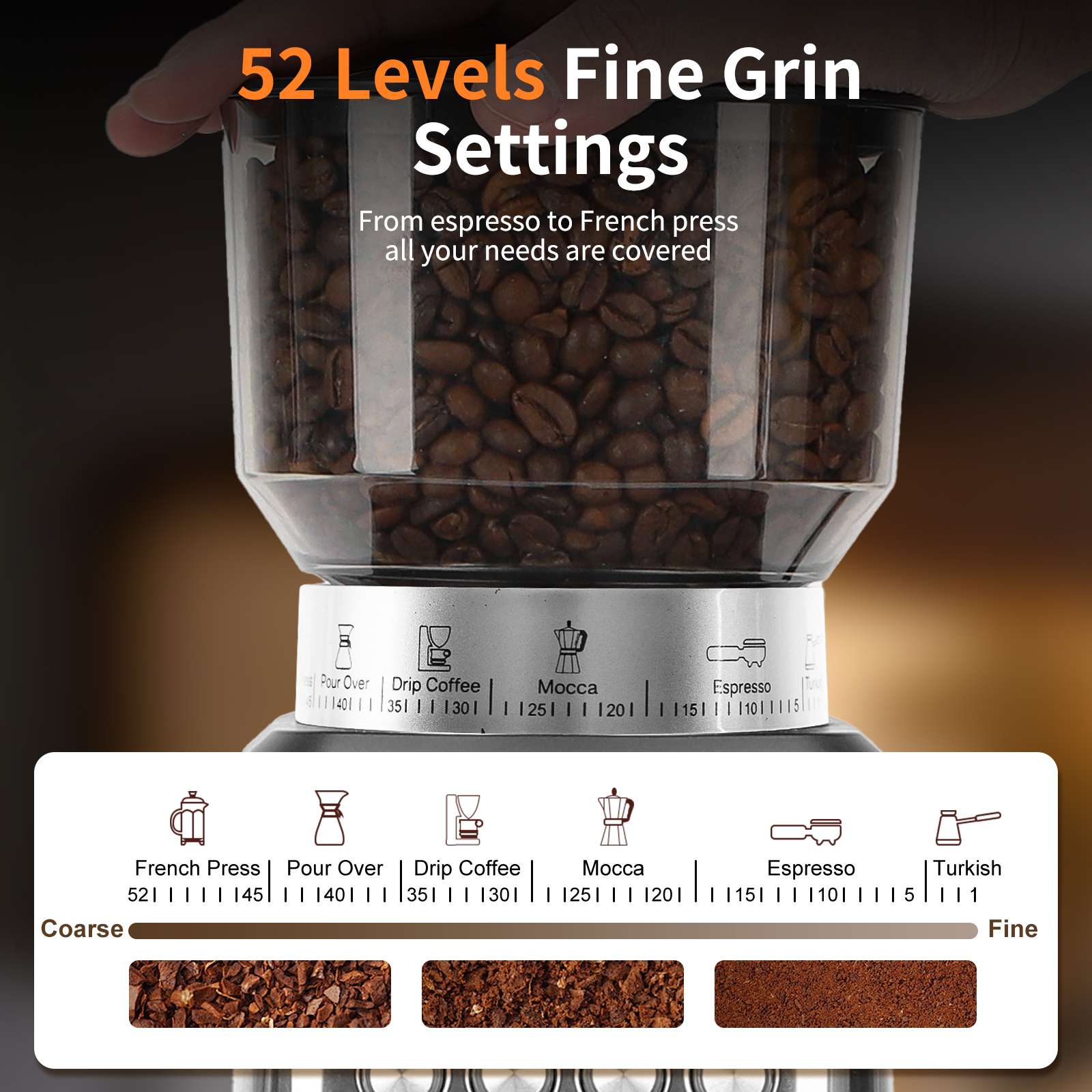 Molinillo de café con 52 niveles, con granos de café visibles.