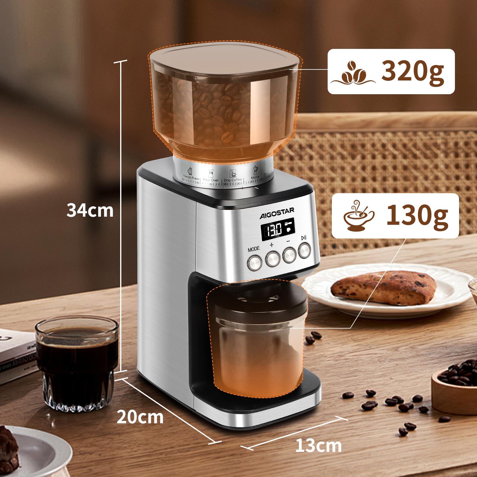 Molinillo de café con granos y una taza de café. Se muestran las medidas.