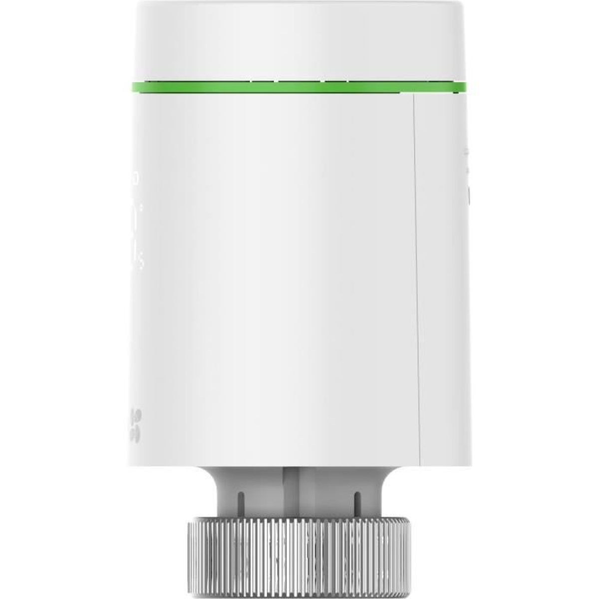 Biały cylindryczny inteligentny termostat z zielonym paskiem. Ma metalową podstawę i gładki, pozbawiony cech charakteru korpus.