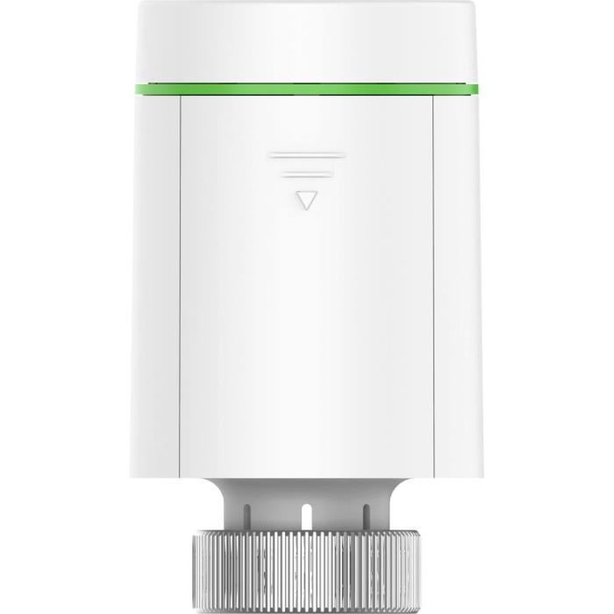 Biały inteligentny termostat z zieloną linią na górze. Ma srebrne dno i małą ikonę strzałki.