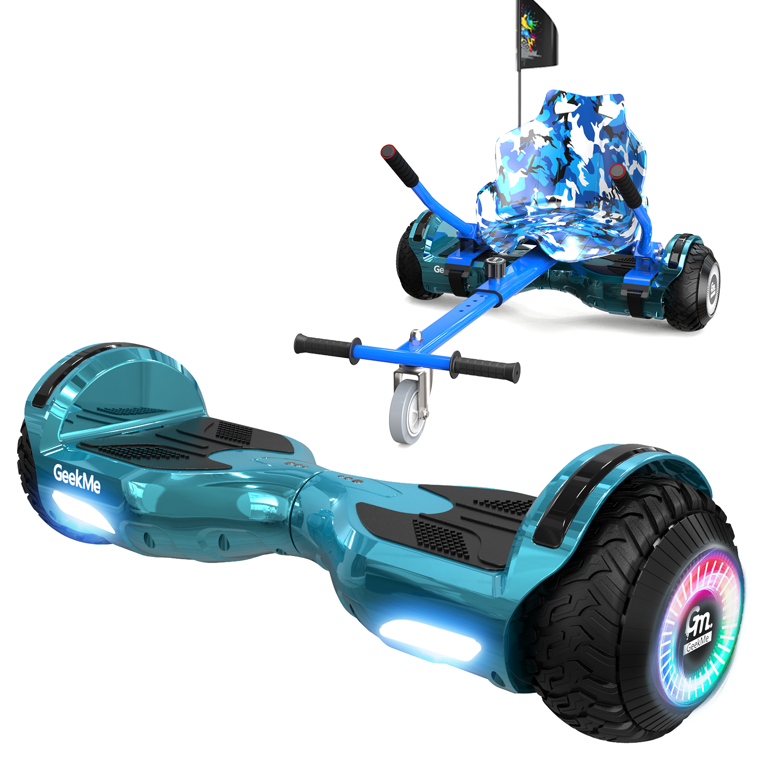 Due hoverboard teal, uno con sedile. Sfondo bianco.