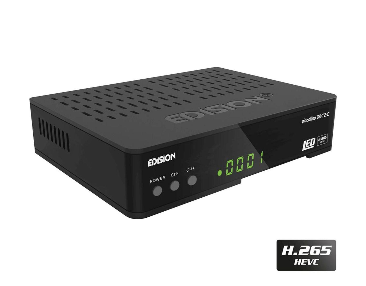 Schwarzer EDISION piccollino Receiver auf weißer Oberfläche, mit Digitalanzeige.
