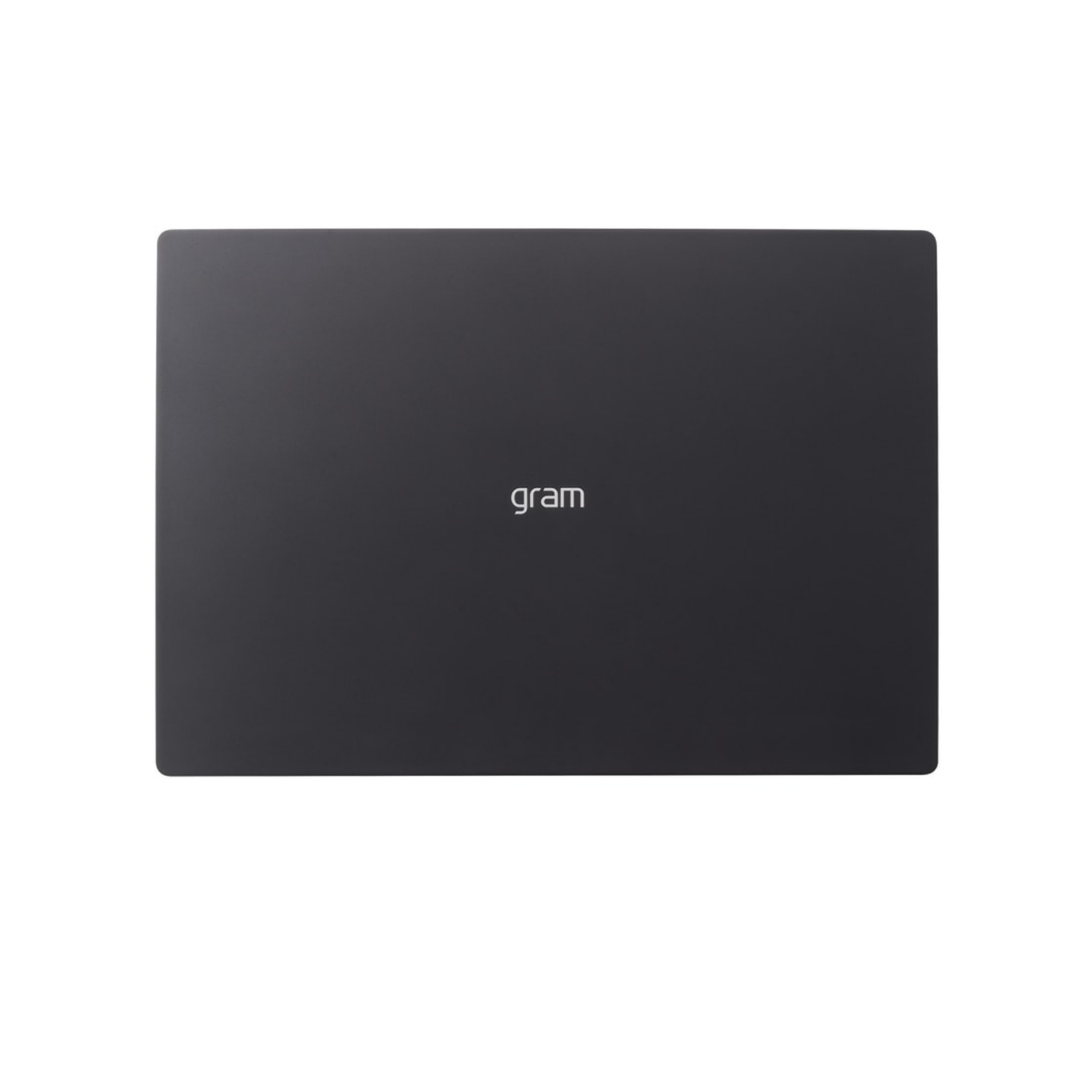 Schwarzer Laptop, geschlossen. Gram-Logo auf dem Deckel. Weißer Hintergrund.