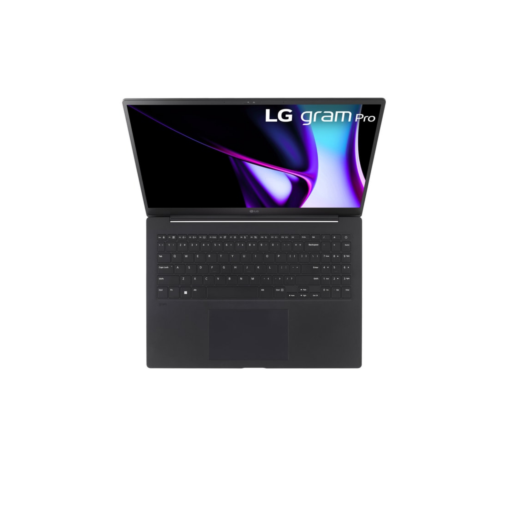 Laptop mit geöffnetem Display auf weißem Hintergrund. Zeigt das LG gram Pro Logo.