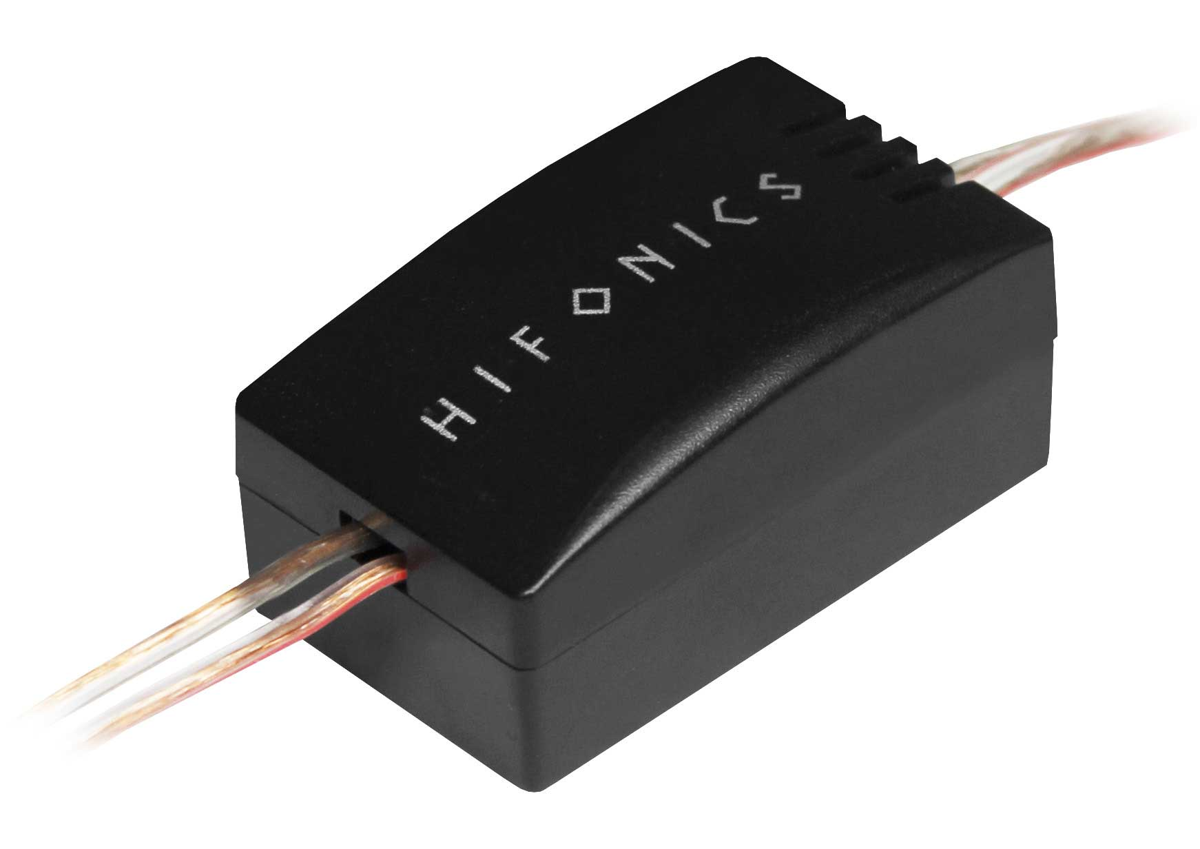 Schwarzes, rechteckiges elektronisches Gerät mit weißem Text. Es hat mehrere Drähte, die daraus kommen.