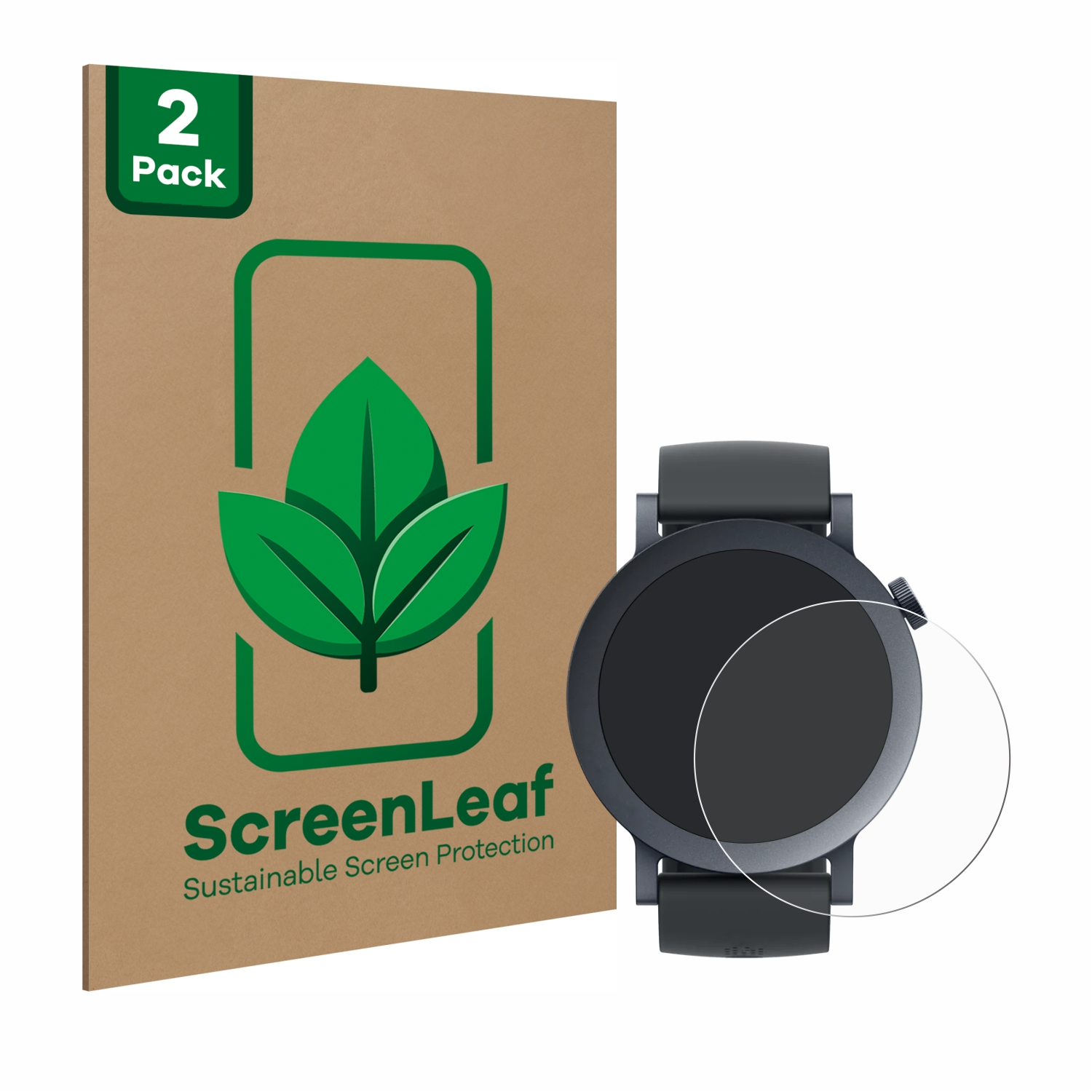 ScreenLeaf Displayschutzfolien-Paket mit Smartwatch und Schutzfolie.