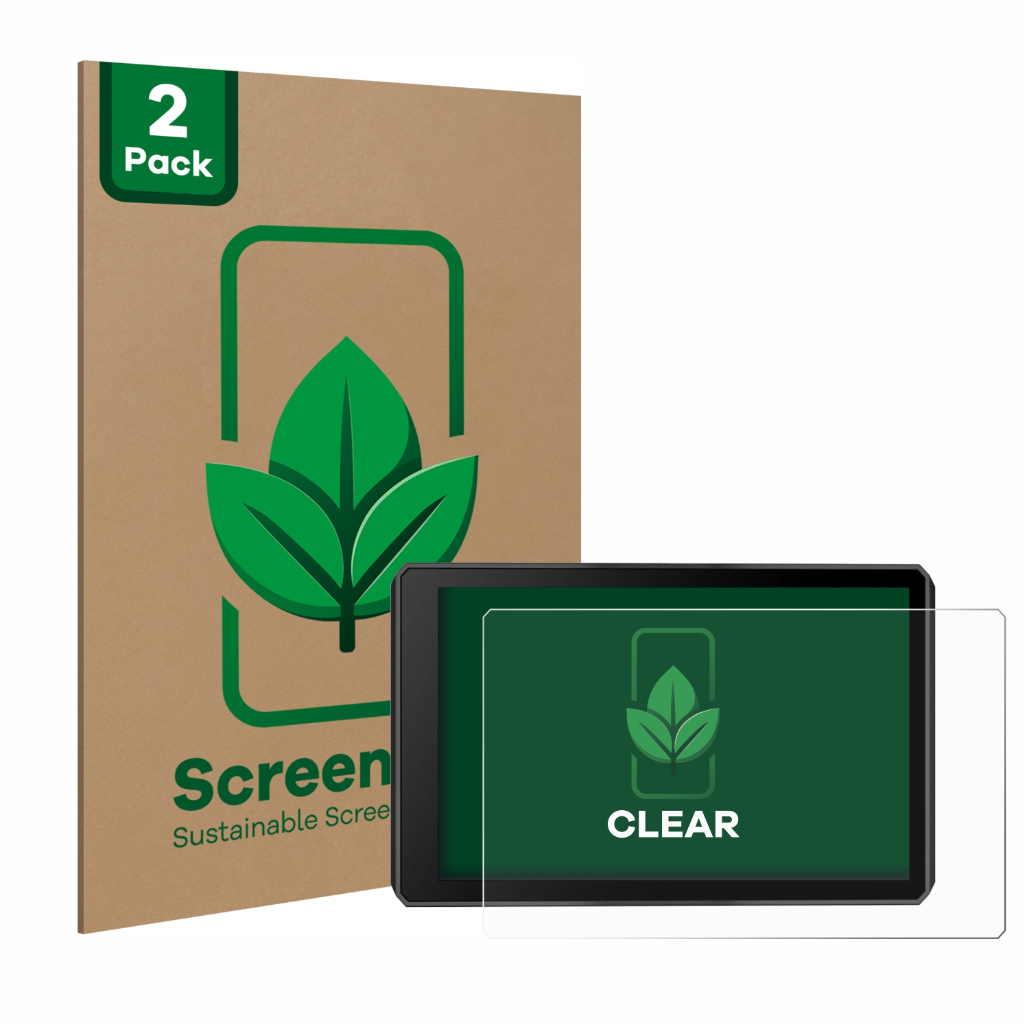 Tablet mit Displayschutz und 2er-Pack-Box. Die Box hat ein Blatt-Logo.