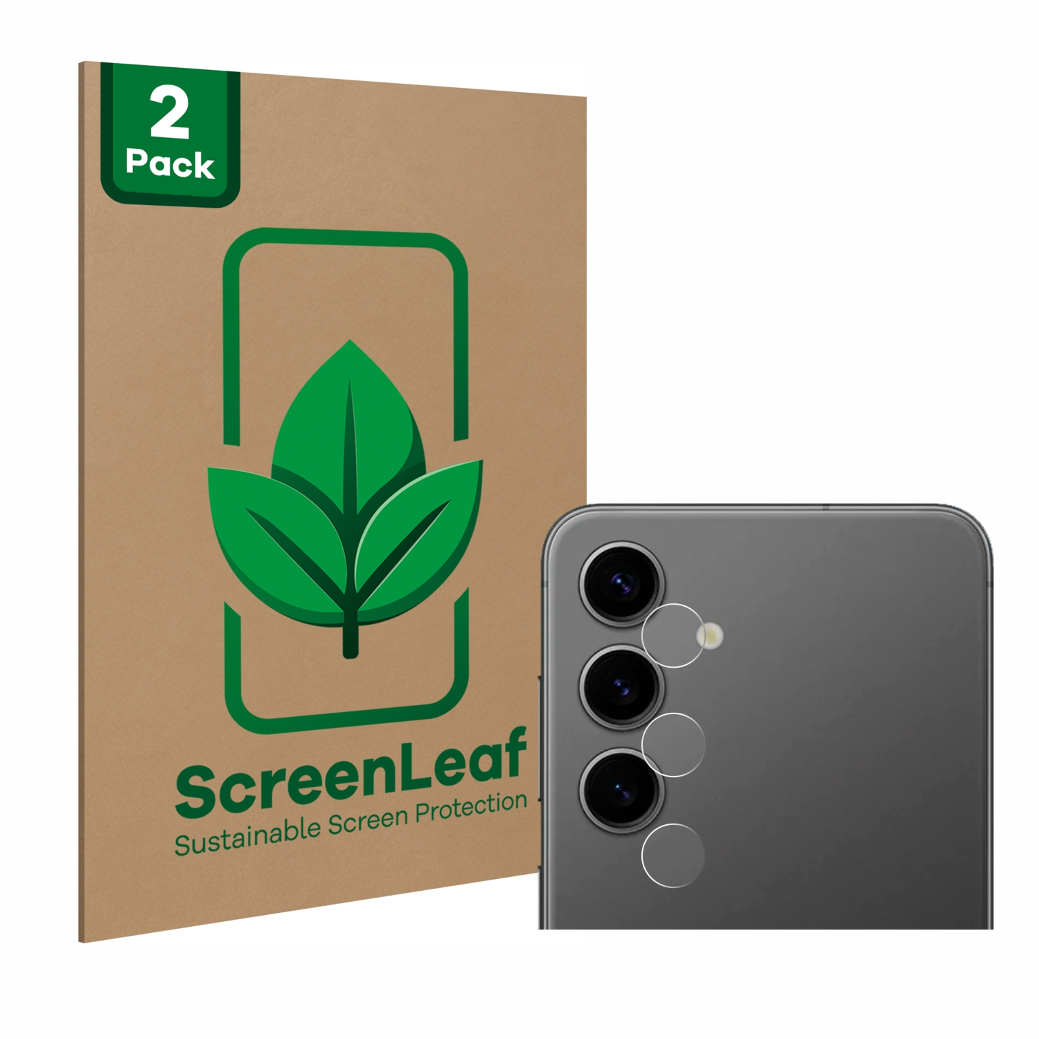 Telefon und Displayschutz. Braune Box mit grünem Blattlogo und Telefon mit drei Kameras.