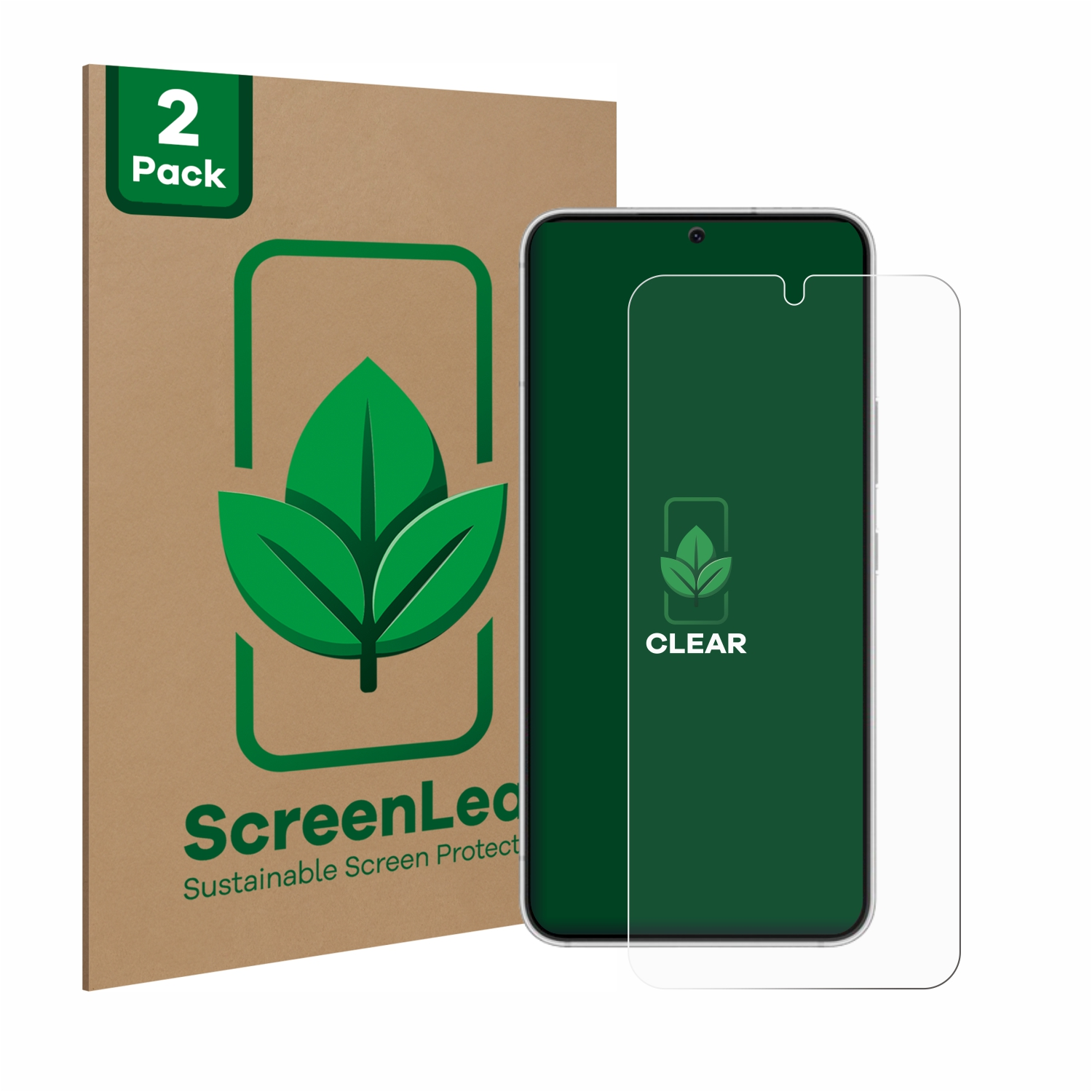 Smartphone mit Displayschutzfolie und brauner '2er-Pack'-Karte mit grünem Blattlogo.