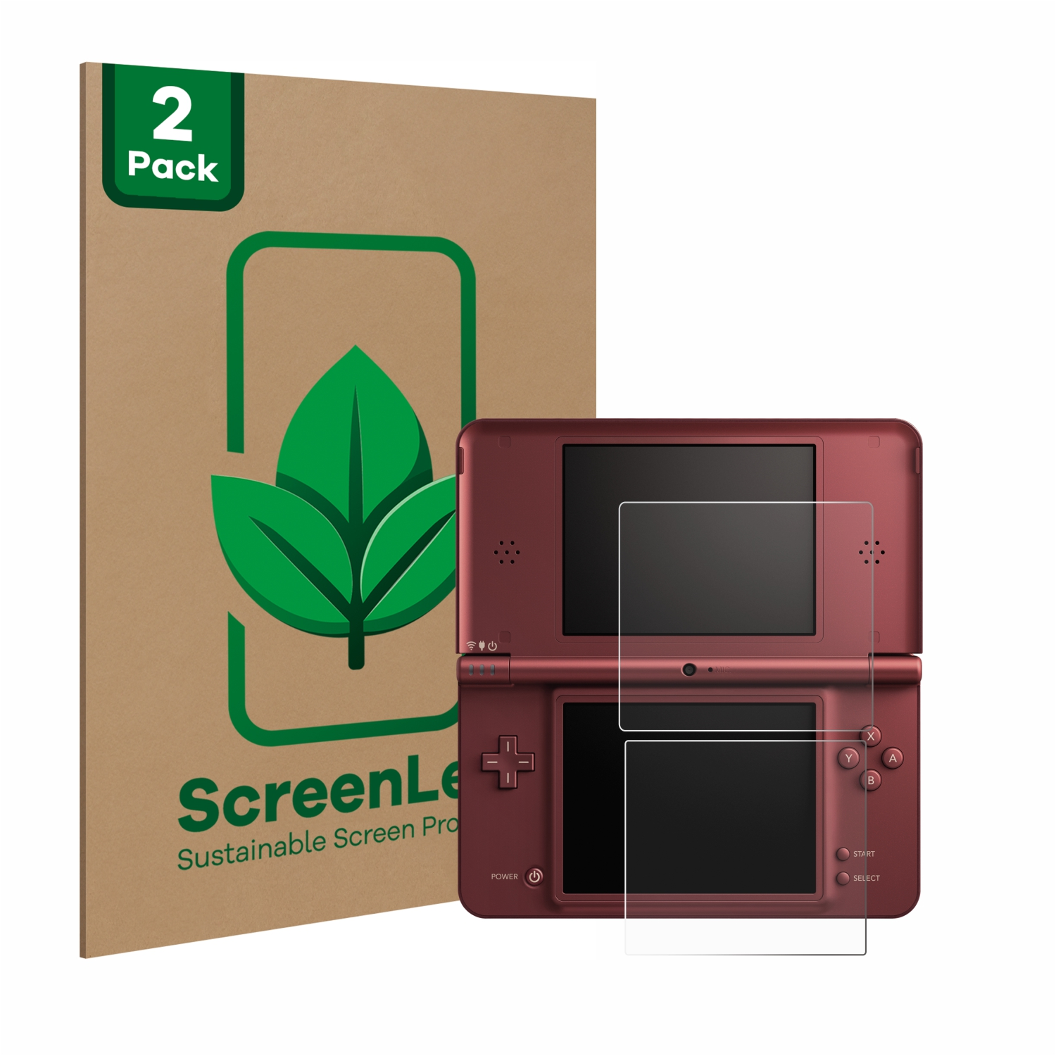 DS Lite mit Displayschutz und Verpackung. Marke ScreenLeaf, braune Box, grünes Blattlogo.