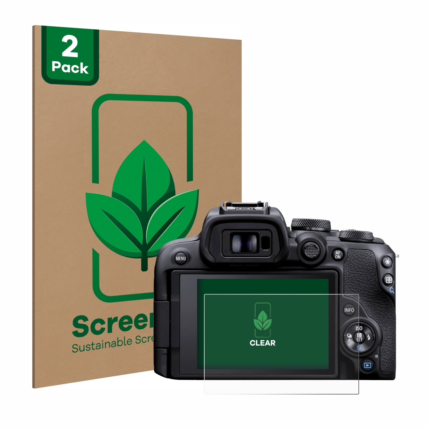 Kamera mit aufgebrachter Displayschutzfolie und Pappverpackung mit '2 Pack' beschriftet.