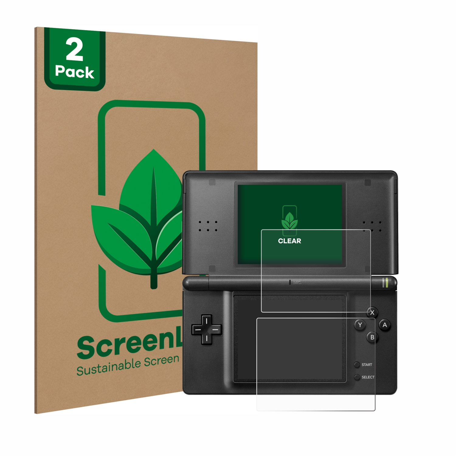 Spielkonsole mit Displayschutz und 2er-Pack-Box. Die Box zeigt ein Blatt-Logo.