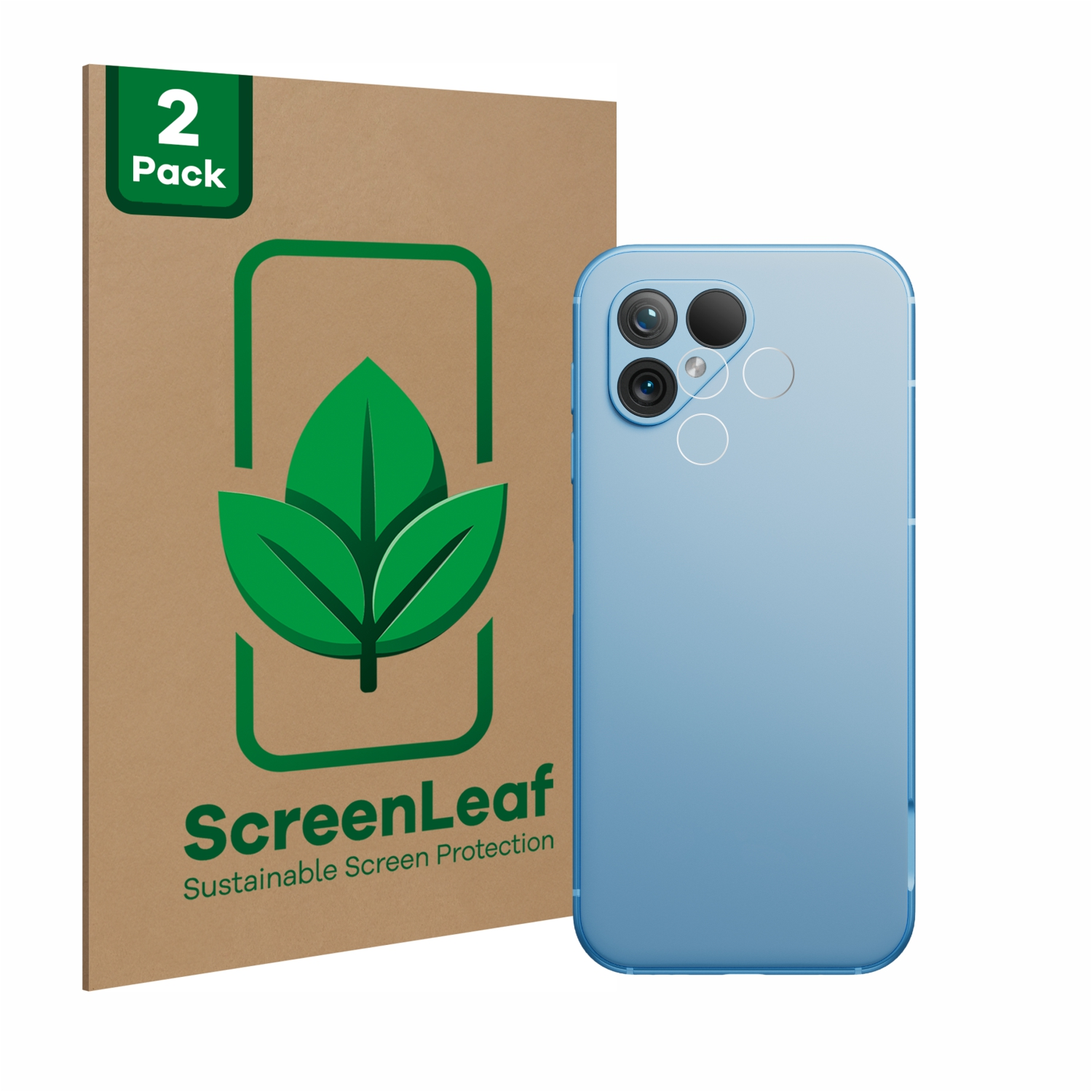 Ein blaues Smartphone neben einer ScreenLeaf-Displayschutzfolienverpackung.
