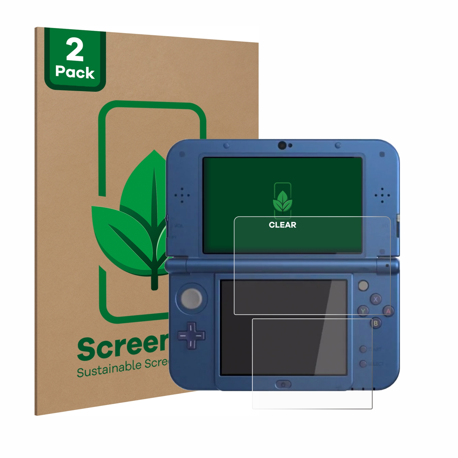 Ein blaues Nintendo 3DS und eine Displayschutzfolien-Packung. Die Packung ist braun mit grünem Logo.