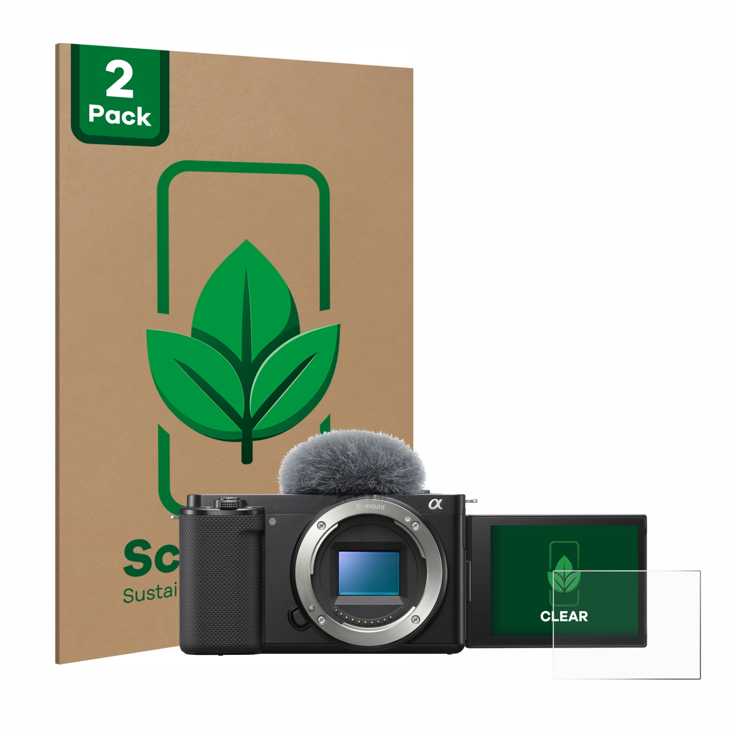 Displayschutzfolien-Set mit Kamera und Box mit Logo. Die Schutzfolie ist klar und die Kamera hat ein Mikrofon.
