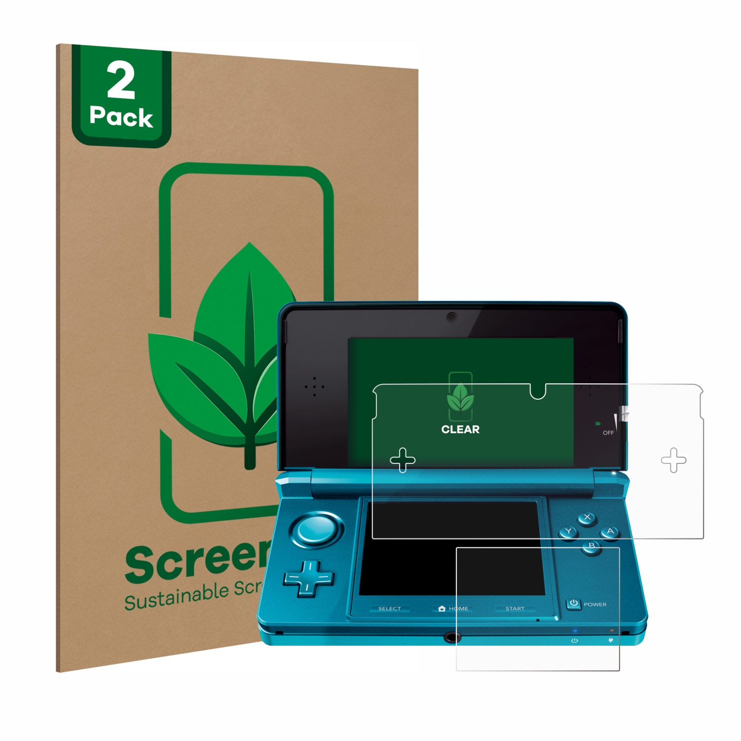 Ein türkisfarbener Nintendo 3DS mit Displayschutzfolien und brauner nachhaltiger Verpackung.