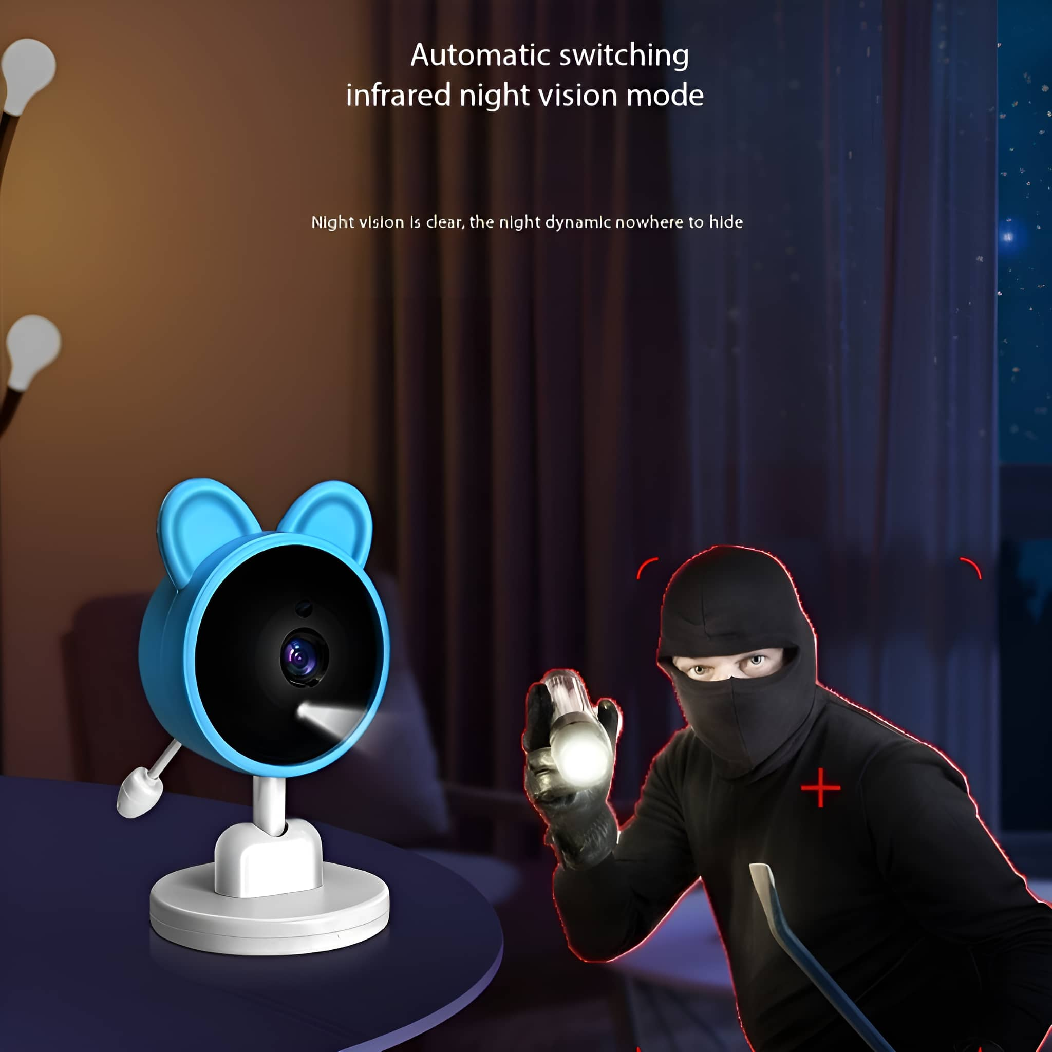 Blaue Kamera in Form einer Maus, mit einem Einbrecher, der eine Taschenlampe hält.