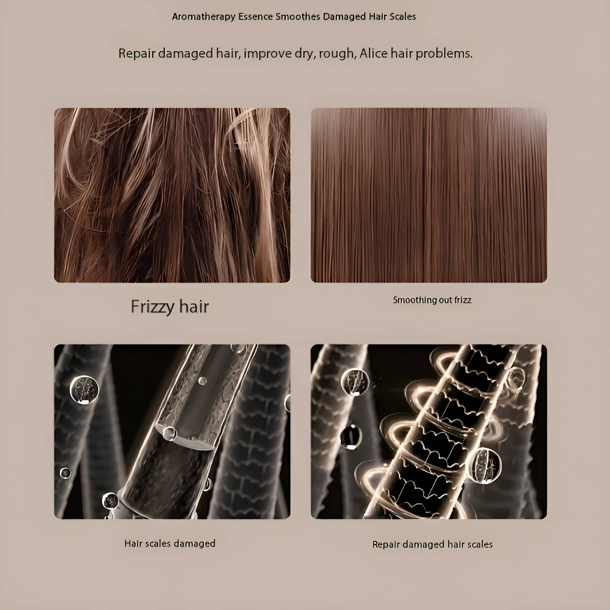 Bilder zur Haarreparatur: Krauses Haar, Glättung, geschädigte Haarschuppen und reparierte.
