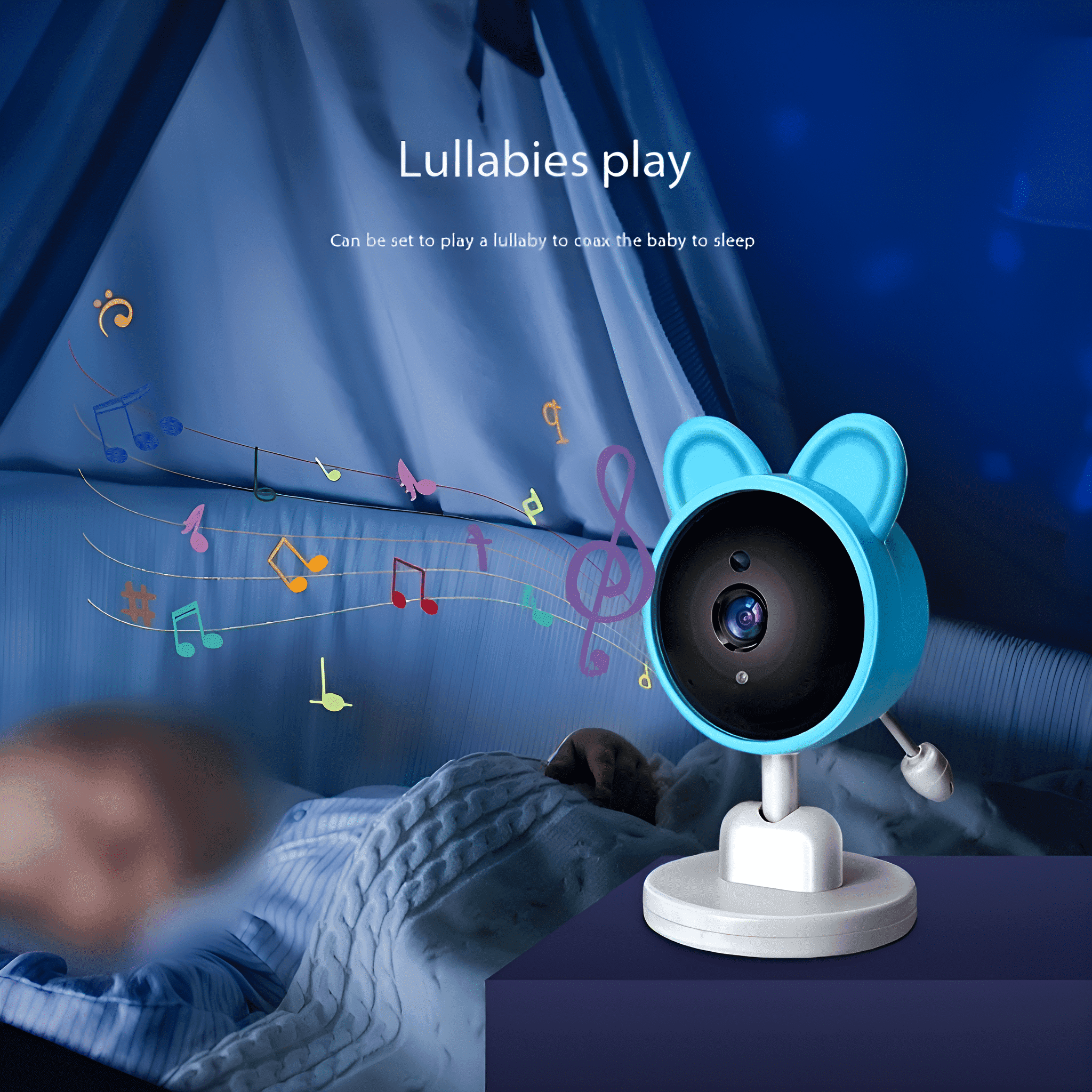 Ein Babyphone mit einer blau-bärförmigen Kamera und einem Hintergrund, der eine Schlafliedszene darstellt.