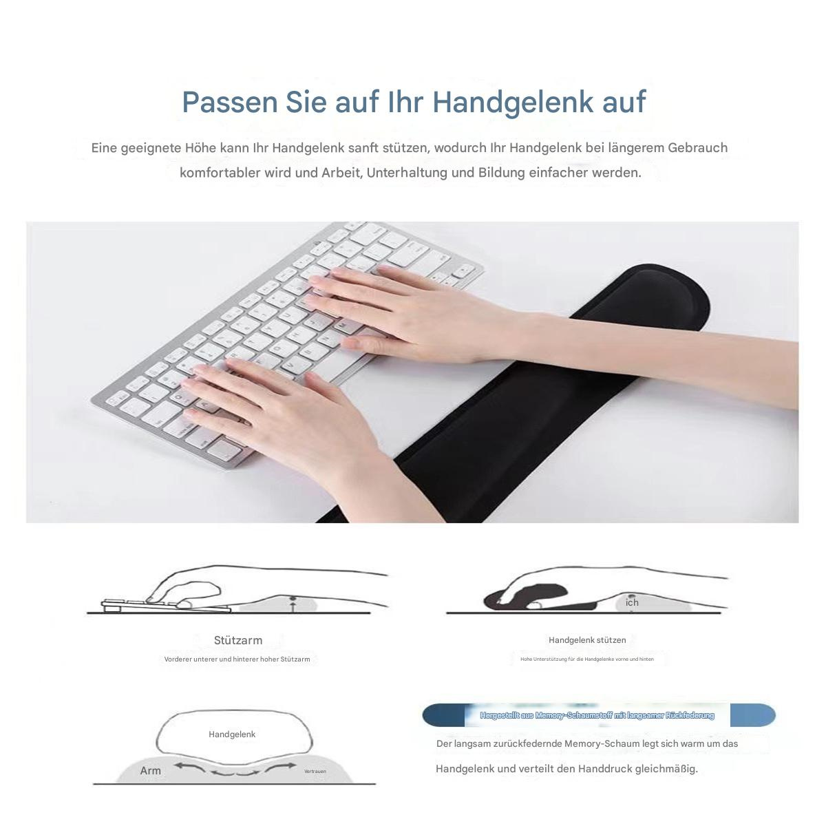 Bild mit Text über Handgelenkunterstützung bei der Tastaturnutzung. Diagramme sind ebenfalls vorhanden.