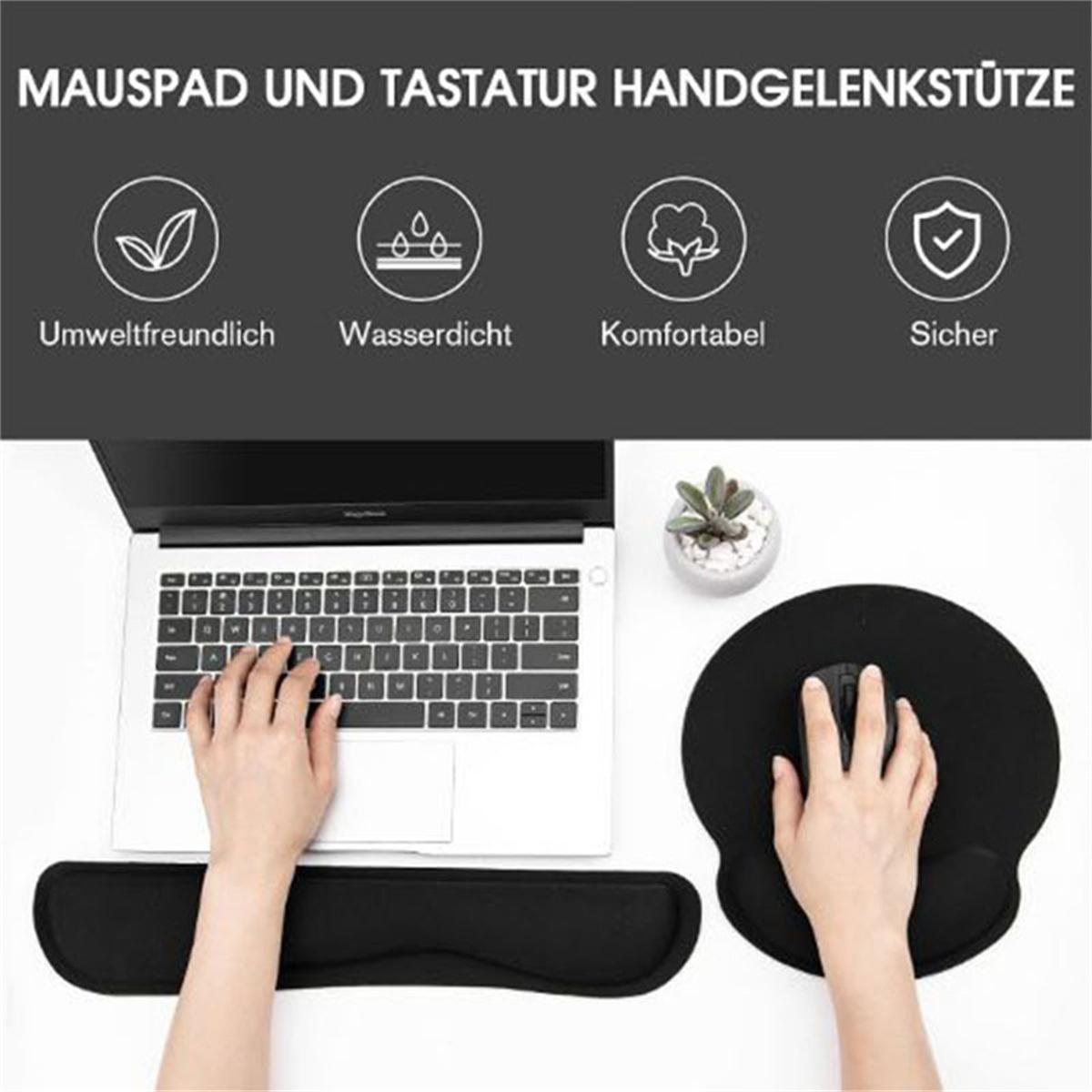 Hände auf Laptop und Mauspad, mit Handgelenkstütze. Symbole zeigen Funktionen.