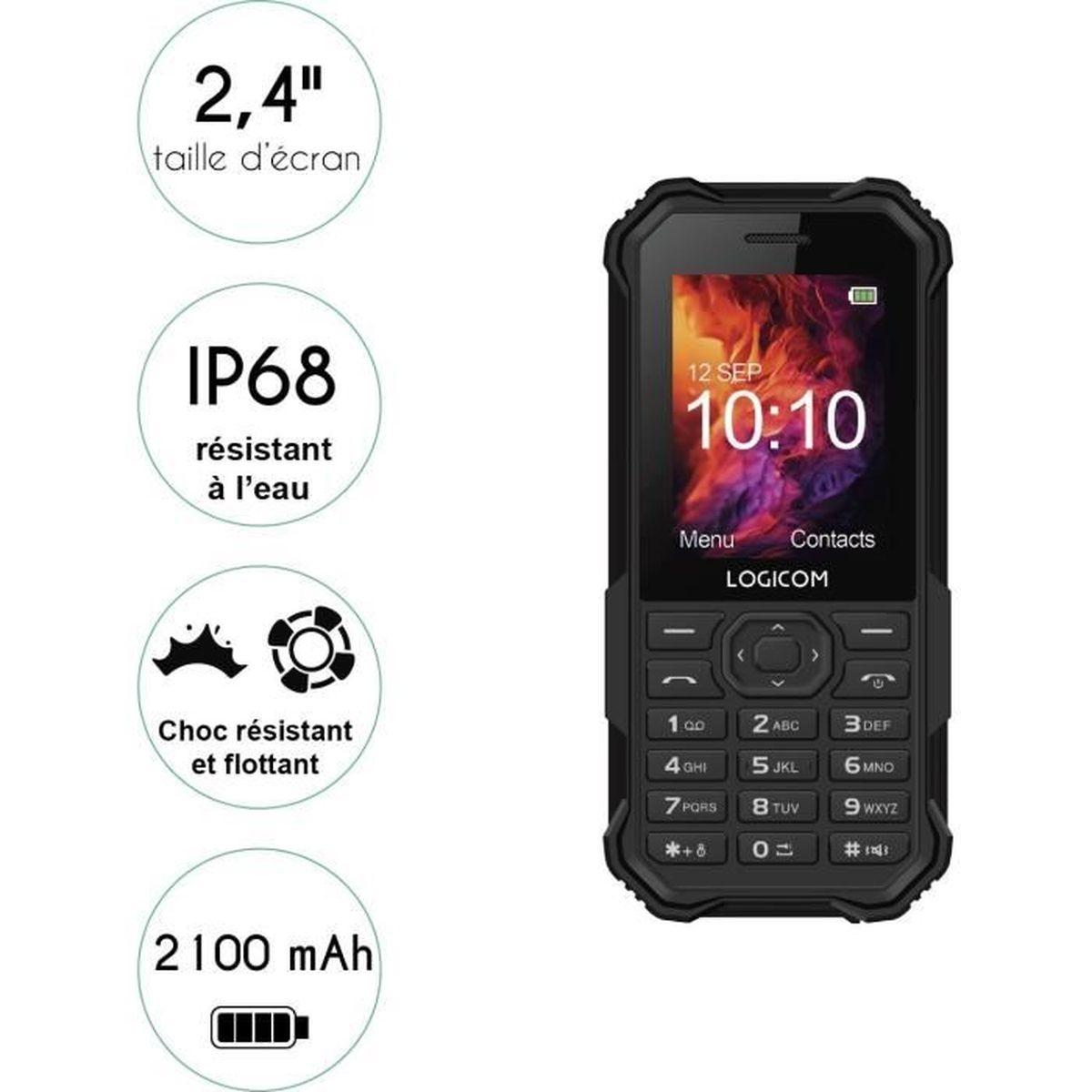 Czarny telefon LOGICOM z ekranem 2,4", wodoodporny IP68, odporny na wstrząsy i 2100 mAh.