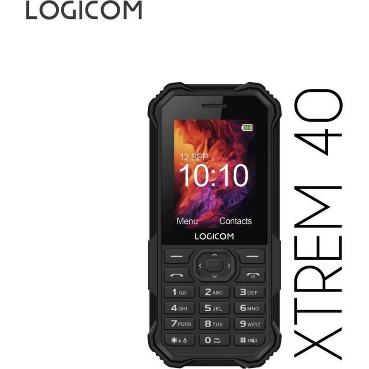 Czarny telefon LOGICOM XTREM 40 z czarną ramką, ekranem z godziną i klawiaturą numeryczną.