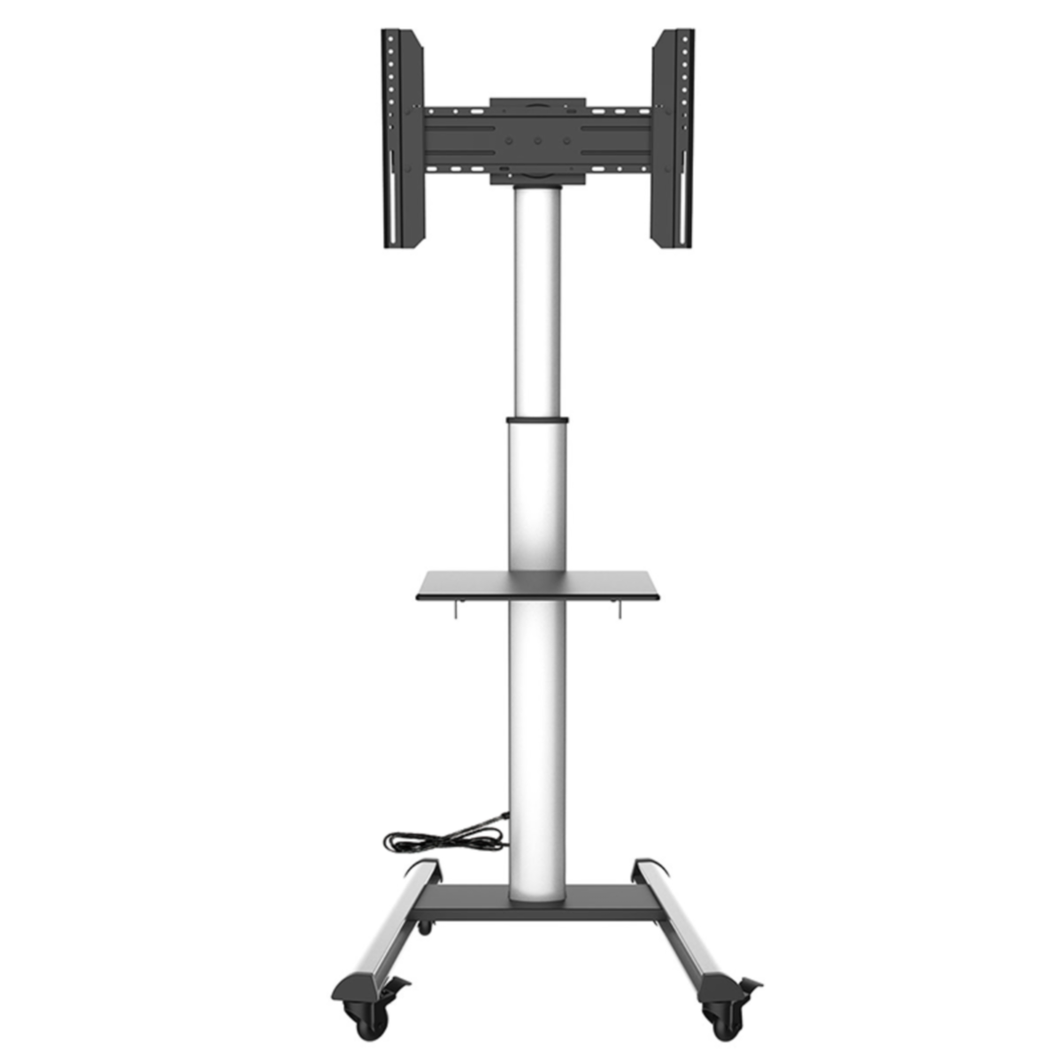 Tv-standaard op wielen, met een plank en een houder voor een tv-scherm, alles op een witte achtergrond.