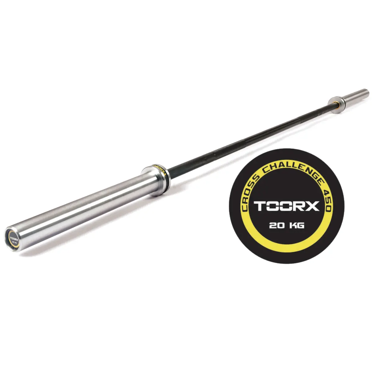 Metalen halter, met een zwarte centrale balk en een geel en zwart logo op een rond gewicht.
